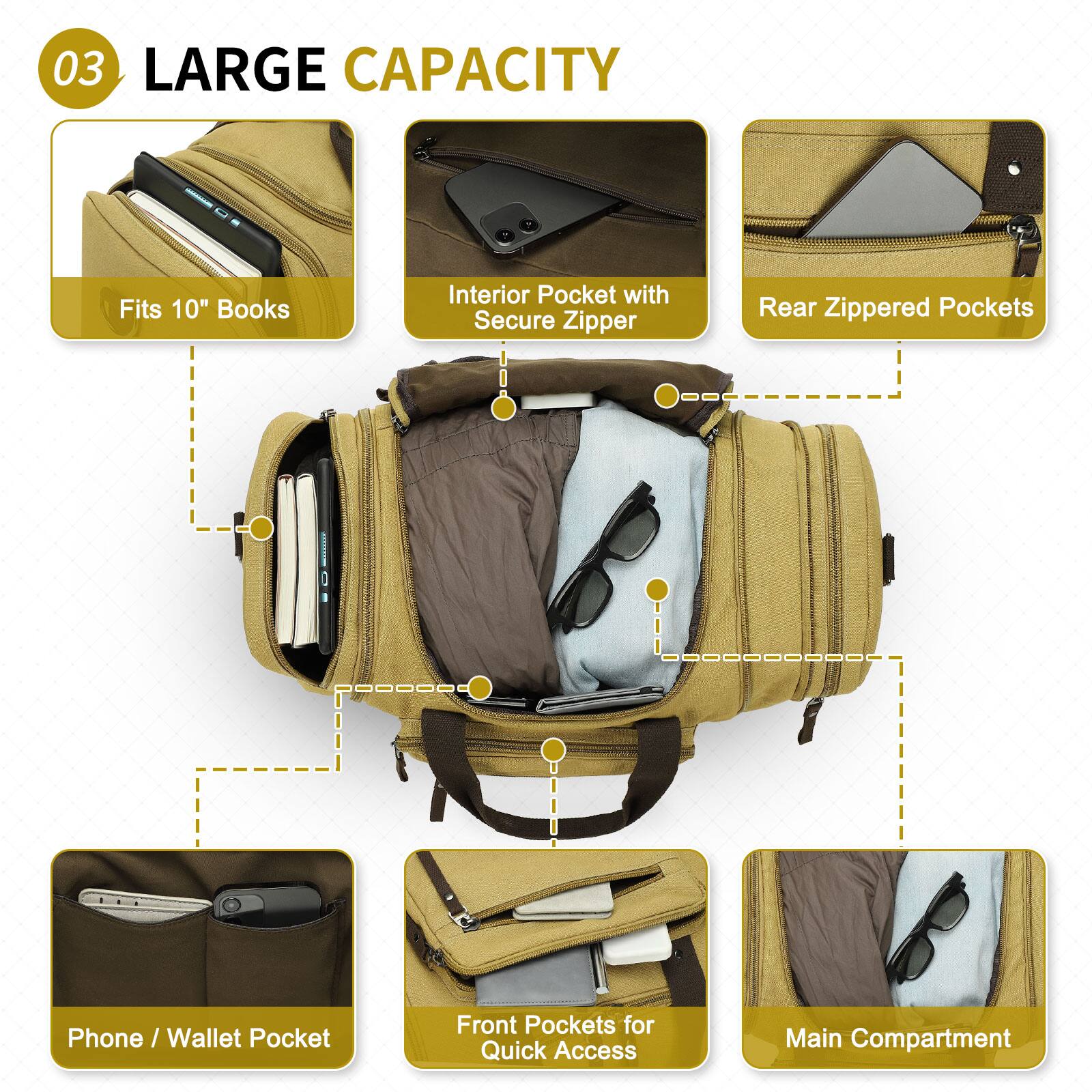 03 LARGE CAPACITY

- Fits 10" Books
- Interior Pocket with Secure Zipper
- Rear Zippered Pockets
- Phone / Wallet Pocket
- Front Pockets for Quick Access
- Main Compartment