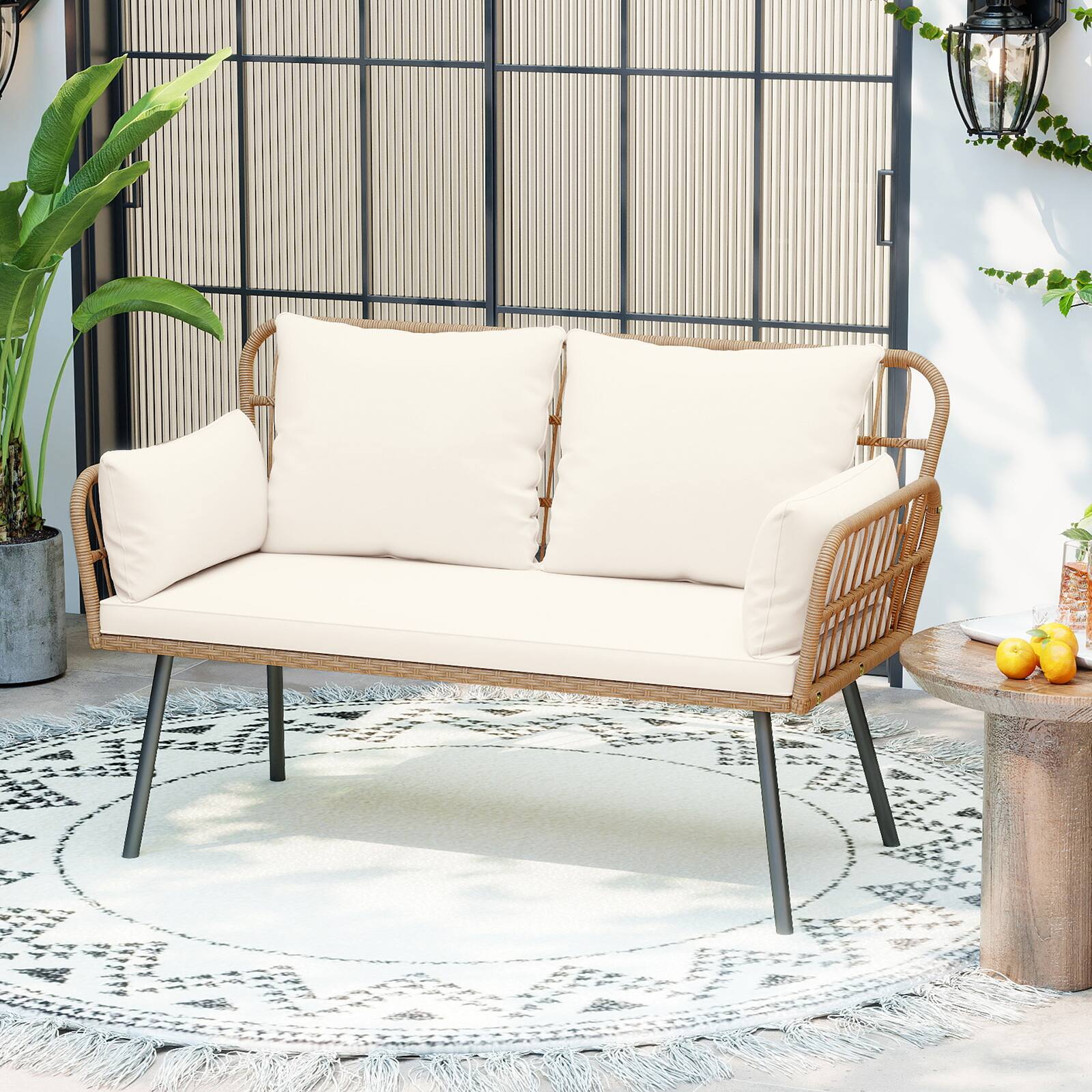 Alt View 3. Gymax - Gymax Patio Wicker Loveseat Furniture w/Seat Back Cushions Heavy-Duty Metal Legs Outdoor White - White.