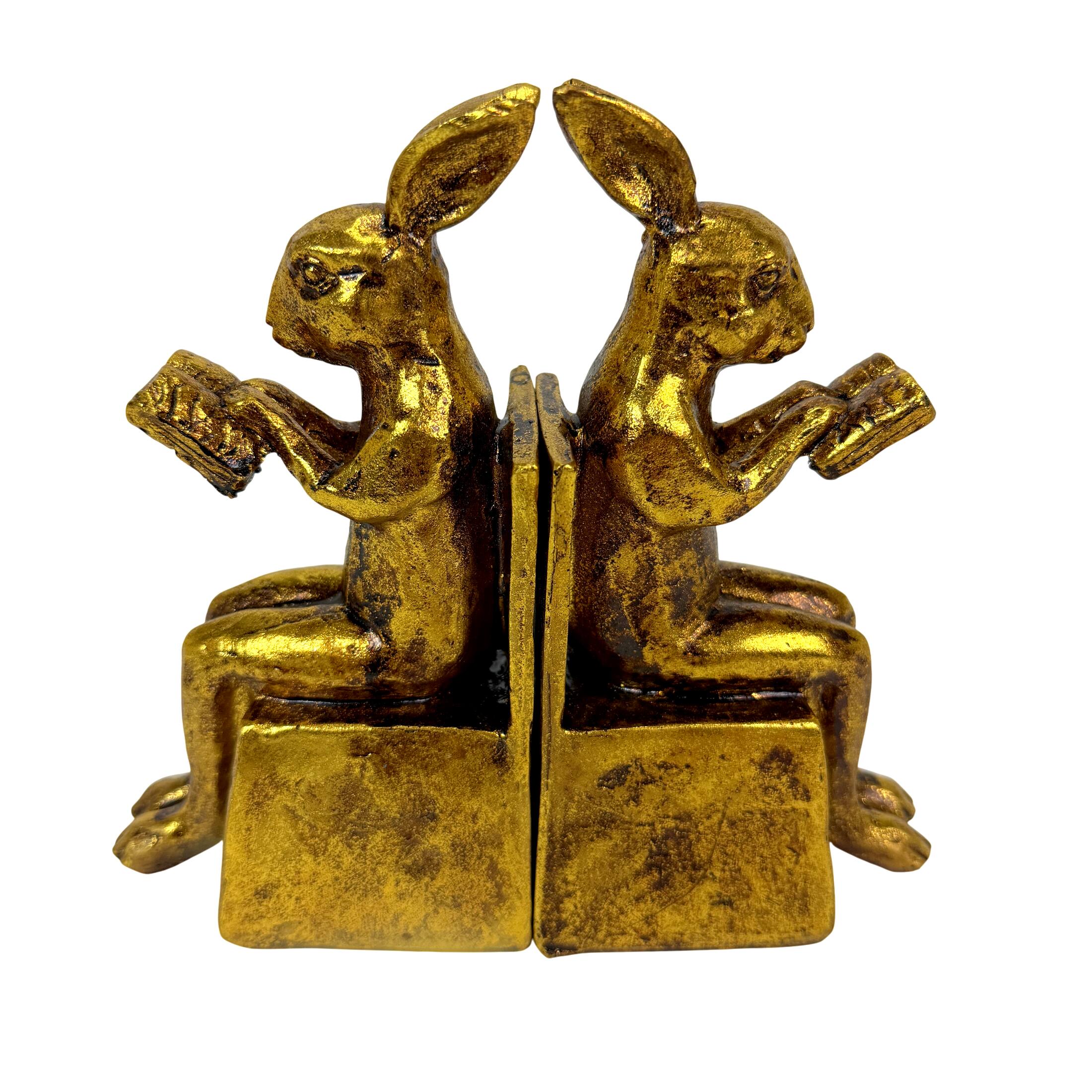 Alt View 1. Things2Die4 - Antique Gold Rabbit Bookends Set of 2 Resin Bookworm Decor 6.75 Inch - Gold.