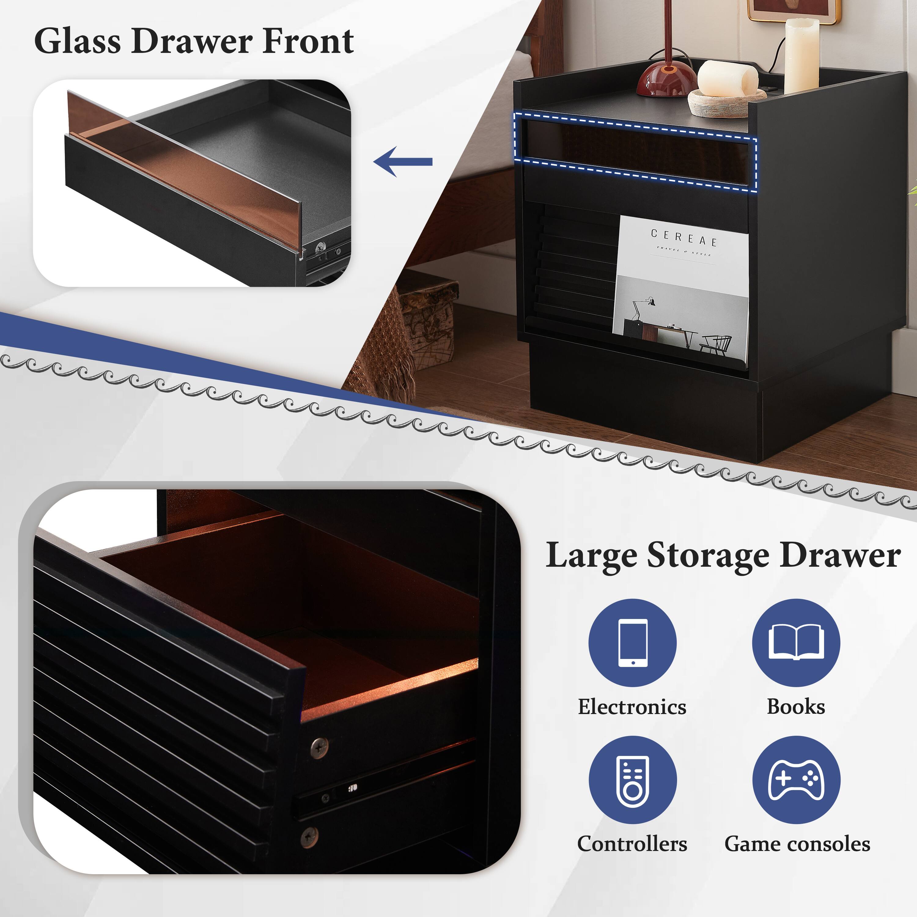 Glass Drawer Front

Large Storage Drawer

- Electronics
- Books
- Controllers
- Game consoles