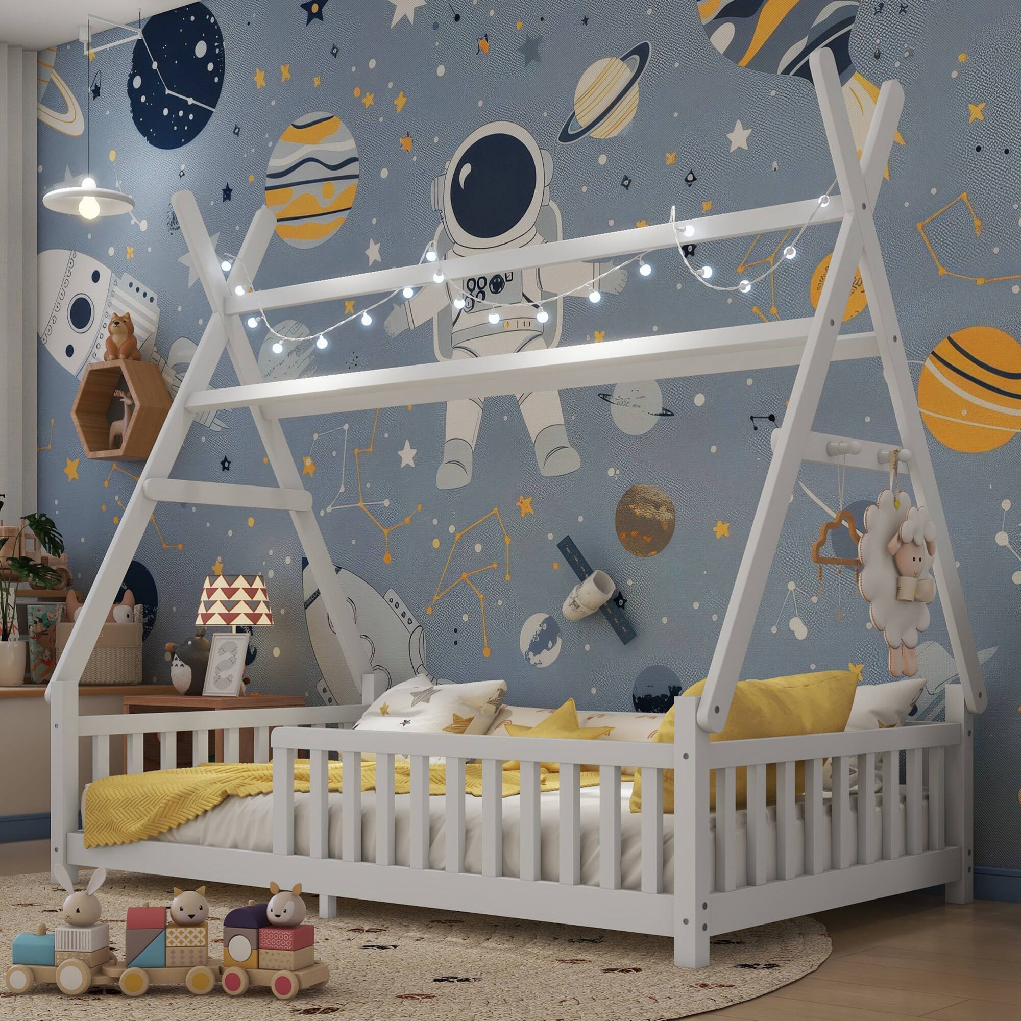 Angle. GOODSILO - Charming Low Profile Twin House Bed with Removable Roof and Safety Fence for Children's Bedroom - White.