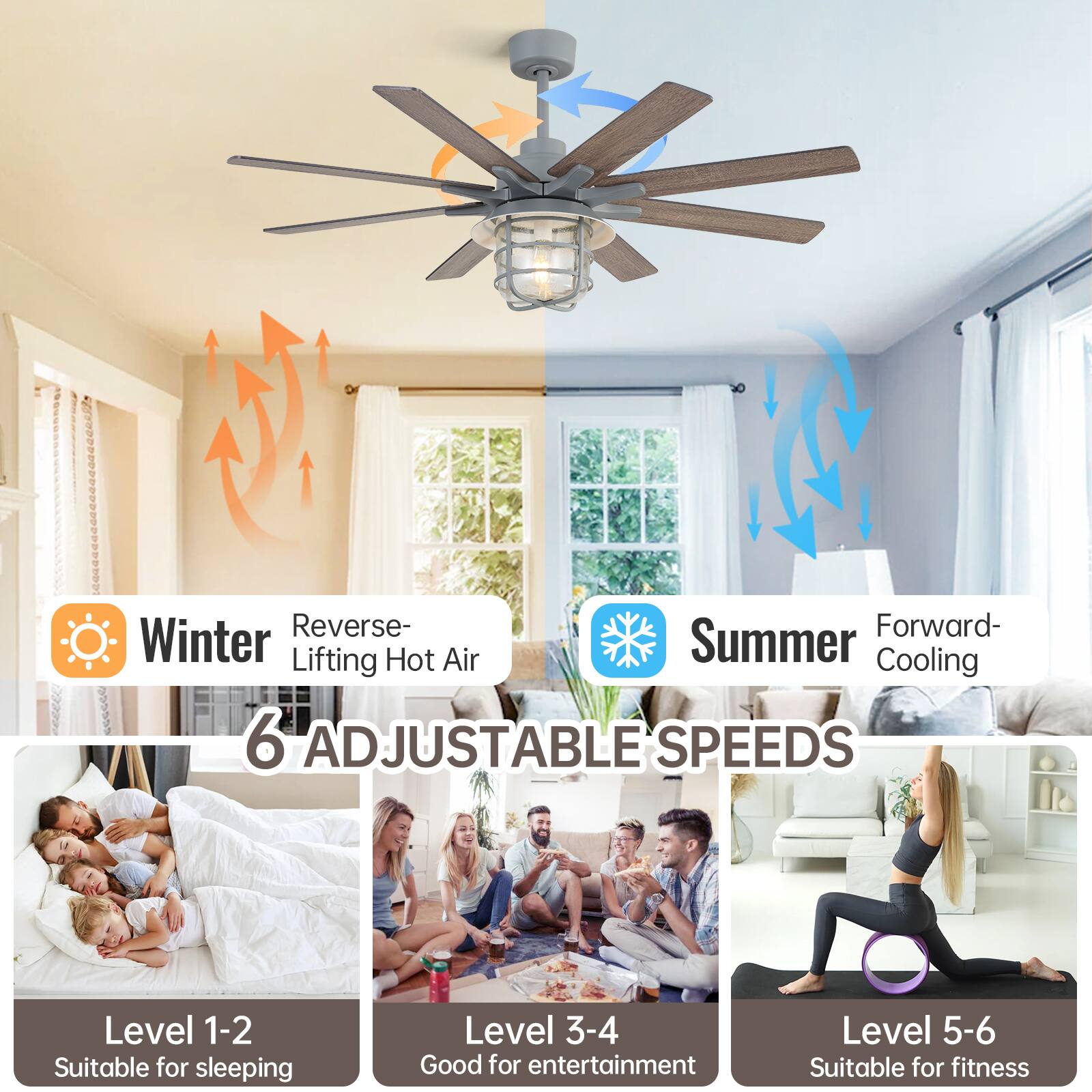 Winter  
Reverse- Lifting Hot Air  

Summer  
Forward- Cooling  

6 ADJUSTABLE SPEEDS  

Level 1-2  
Suitable for sleeping  

Level 3-4  
Good for entertainment  

Level 5-6  
Suitable for fitness