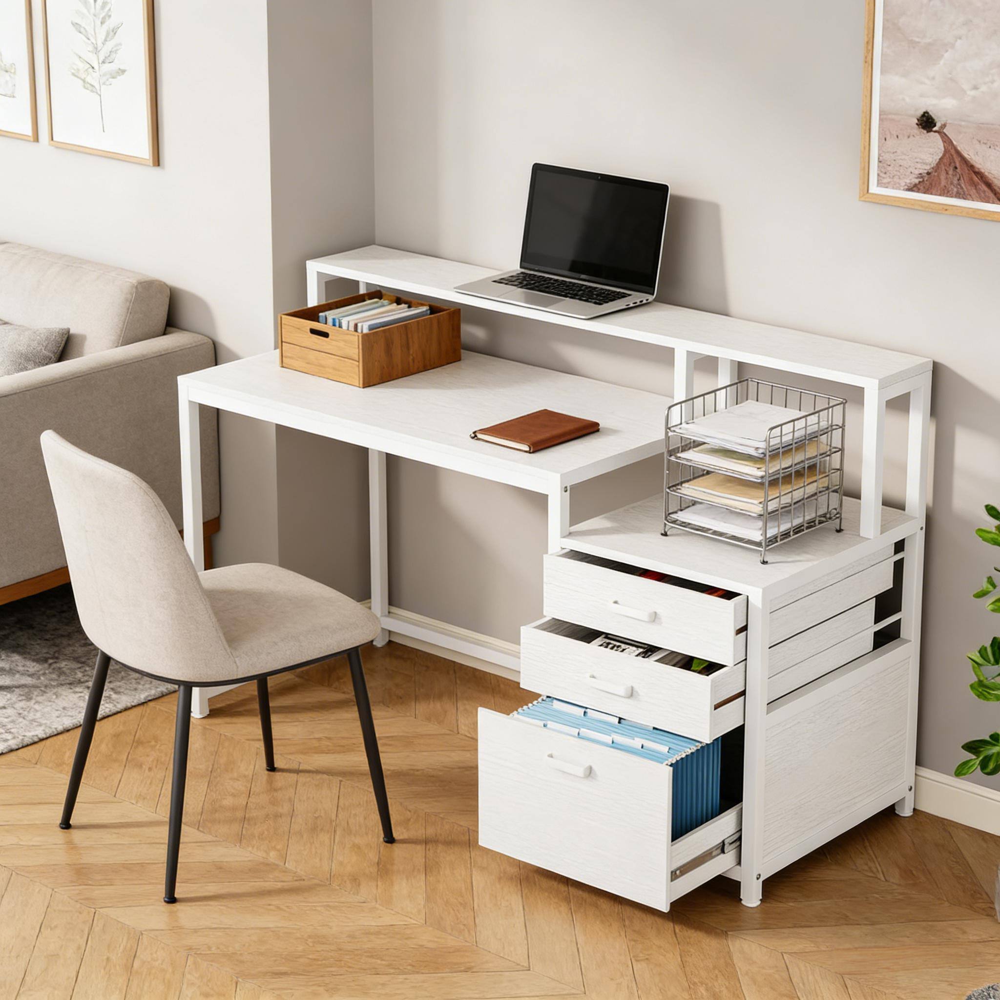 Alt View 2. Forest'nSky - Writing Desk with Drawers & Storage for Office, Study & Gaming,White - White.