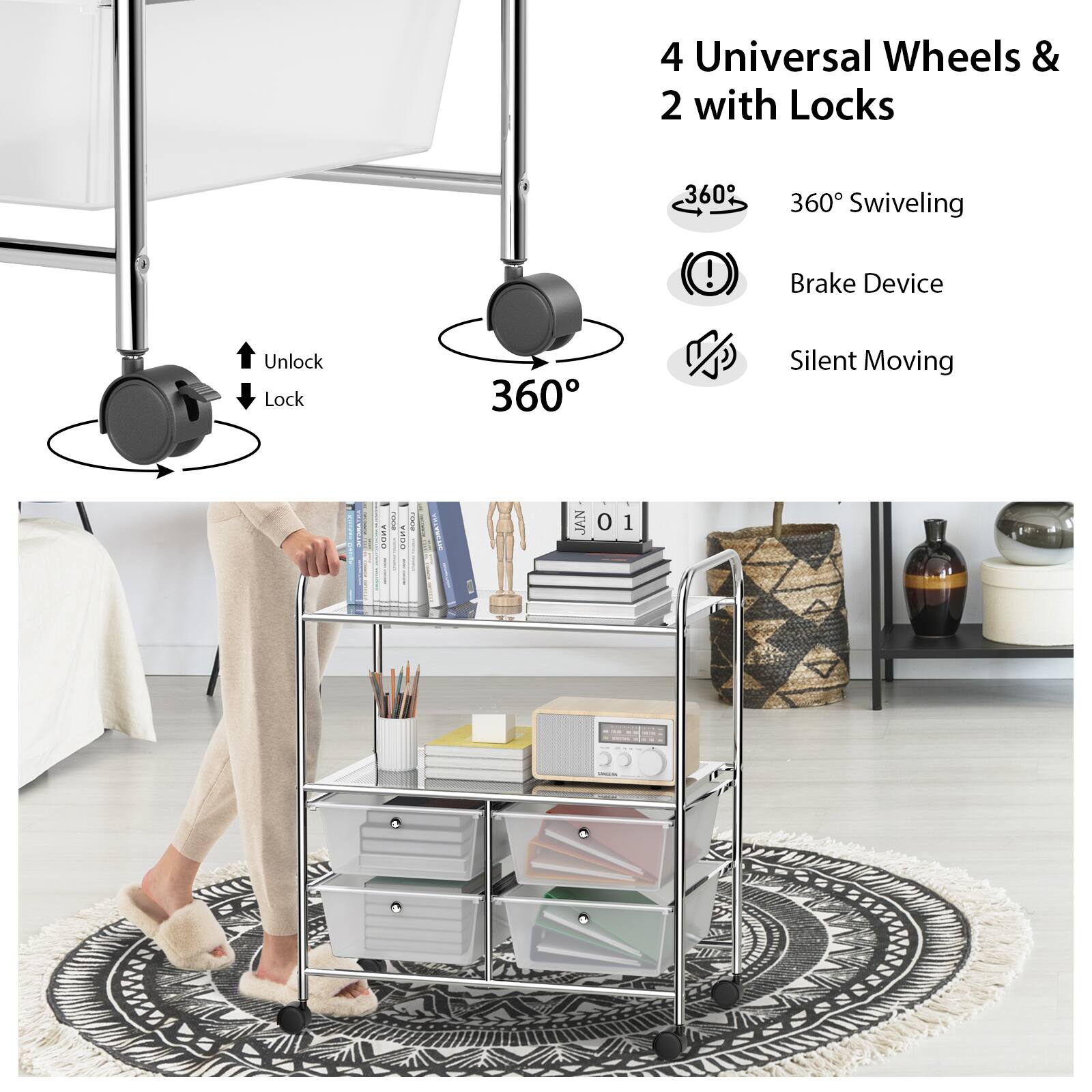 The image features a woman standing next to a cart with four universal wheels and two with locks. The cart is equipped with a brake device and a silent moving feature, making it a convenient and functional piece of furniture. The woman appears to be either pushing or pulling the cart, possibly using it to transport items or move around the room.