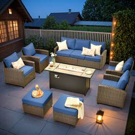Ovios - 8 PCS Patio Furniture with 54" Fire Pit Table, All Weather Sofa with Ottomans for Backyard - Navy Blue