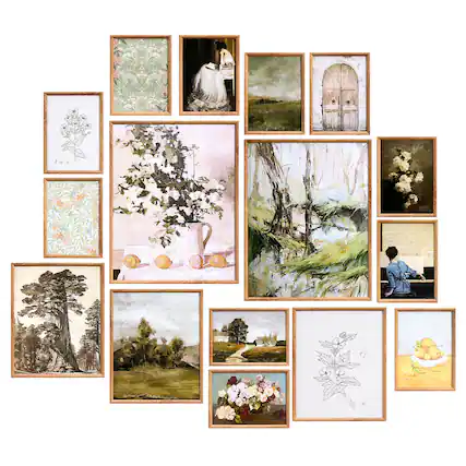 Front. VEVOR - 16 PCS Framed Wall Art Prints, Vintage Eclectic Art Decor, Gallery Wall Prints with 3 Sizes for Flexible Combinations - Walnut.