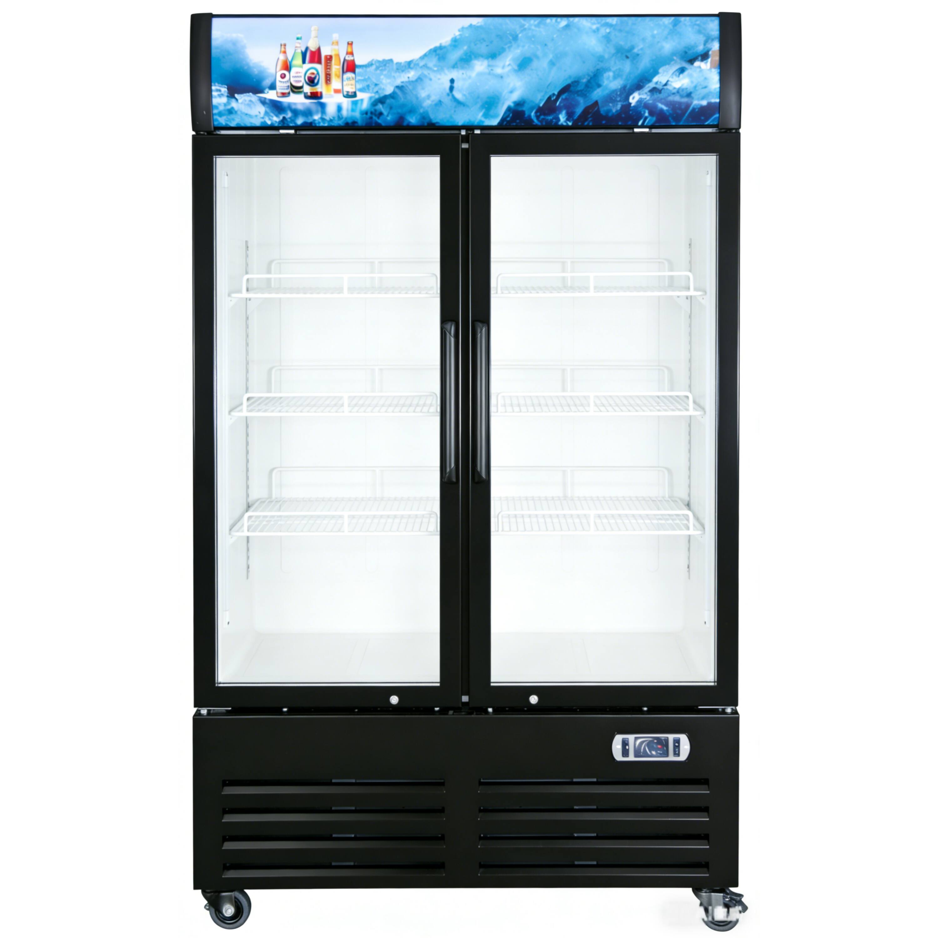 Left. Equator - Equator Vitlife 26 Cu Ft Commercial 2 Glass Door Merchandiser Refrigerator, LED, Adjustable Shelves, Auto Defrost ETL - Black.
