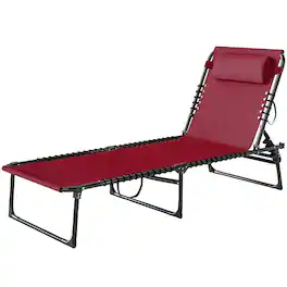 Outsunny - Chaise Lounge Pool Chair with 4-Position Reclining Back, Pillow, Breathable Mesh & Bungee Seat - Wine Red