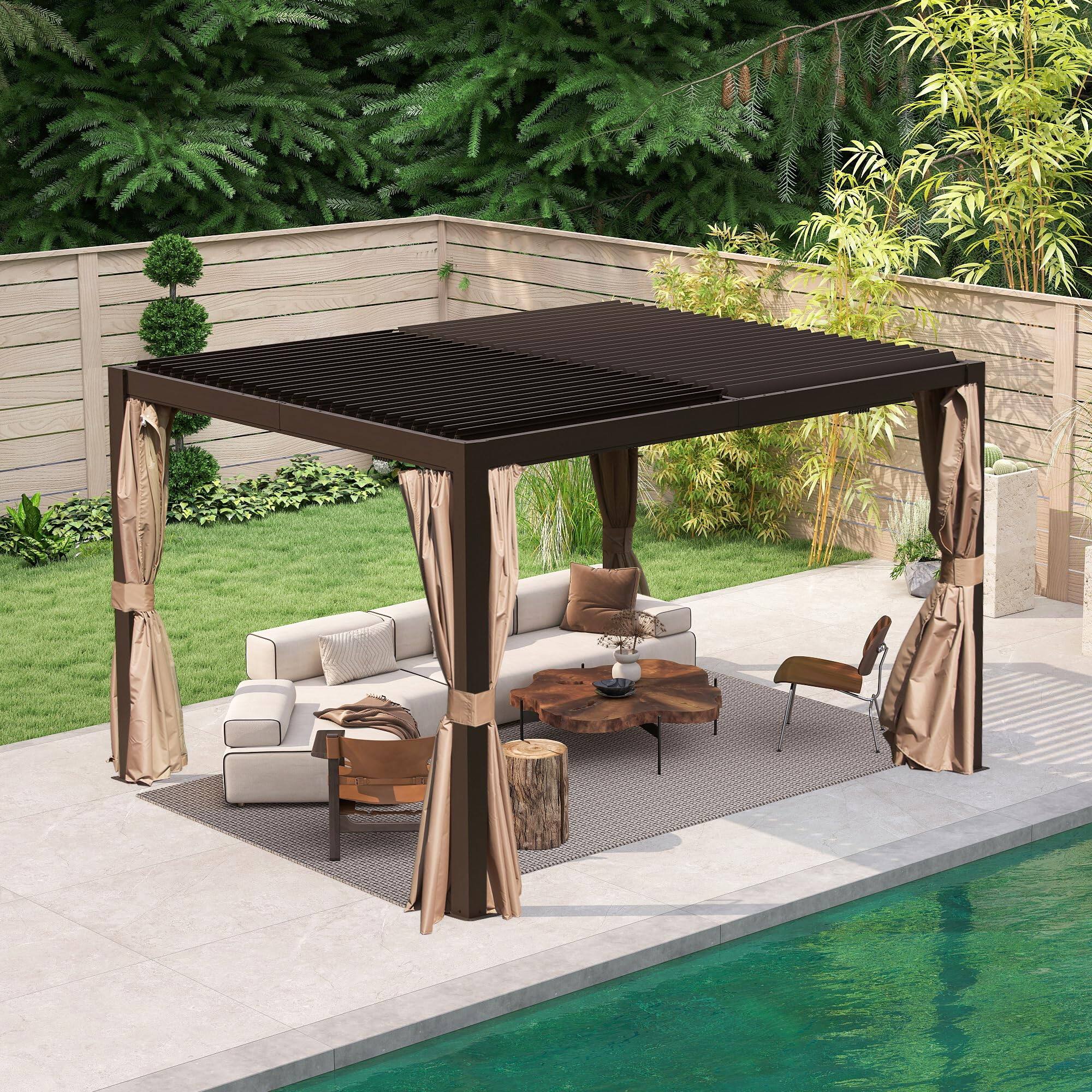 Alt View 5. Loheer - Loheer Louvered Pergola 10x12 FT Outdoor Aluminum Pergola with Adjustable Dual Roof Louvers and Curtains, Brown.