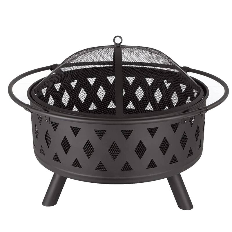 Angle. APRILSOUL - Round Fire Pit with Net Cover Fire Poker Diamond Mesh Metal Wood Burning Outdoor - Black.