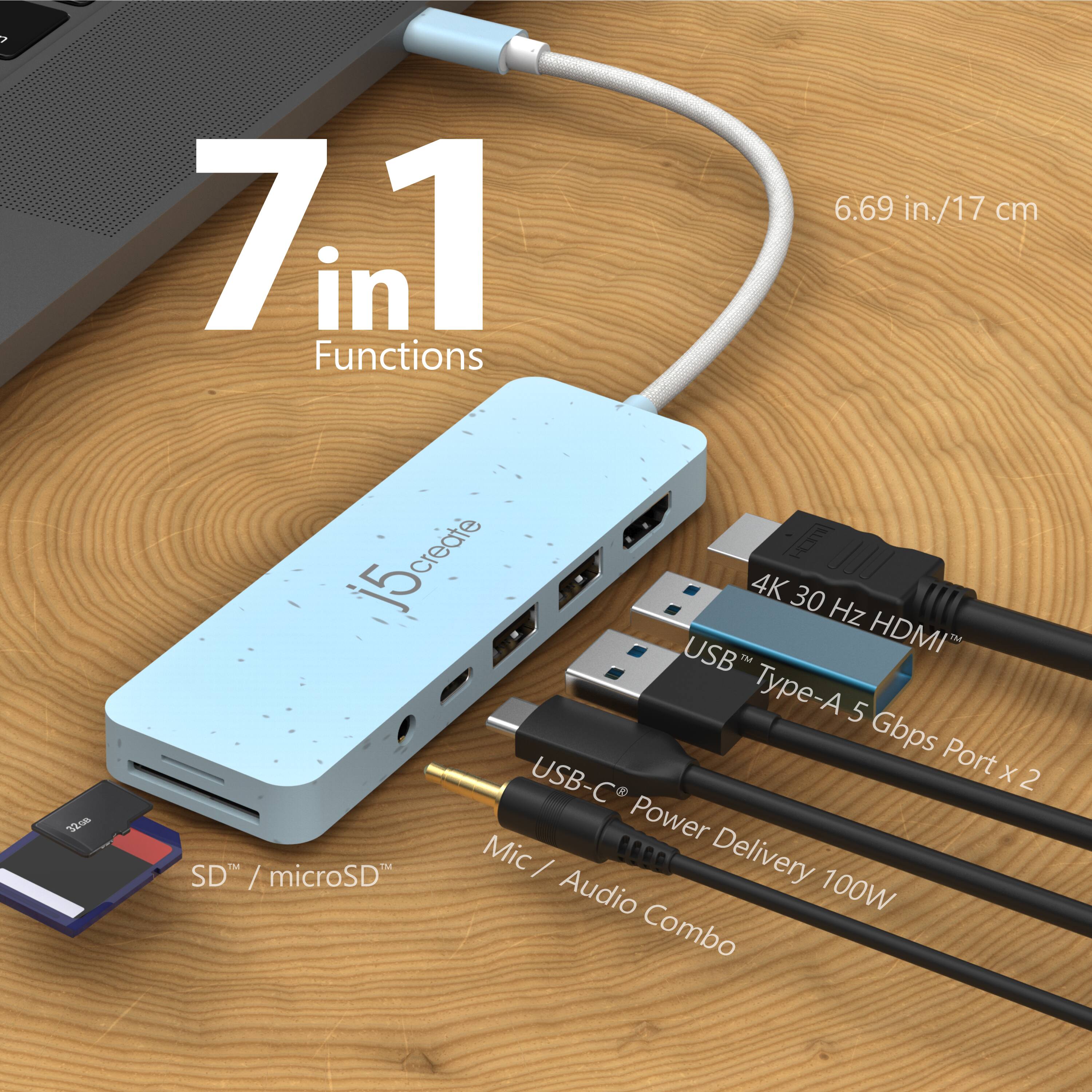 7 in 1 Functions  
6.69 in./17 cm  
4K 30 Hz HDMI™  
USB™ Type-A 5 Gbps Port x 2  
USB-C® Power Delivery 100W  
SD™ / microSD™  
Mic / Audio Combo
