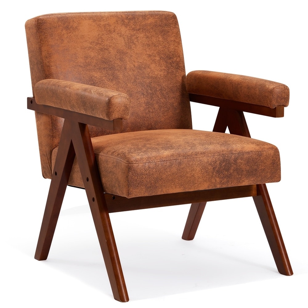 Front. U-HOMY - Mid-Century Modern Accent Chair: Solid Wood Frame Upholstered Armchair for Living Room, Lounge Balcony - Brown.
