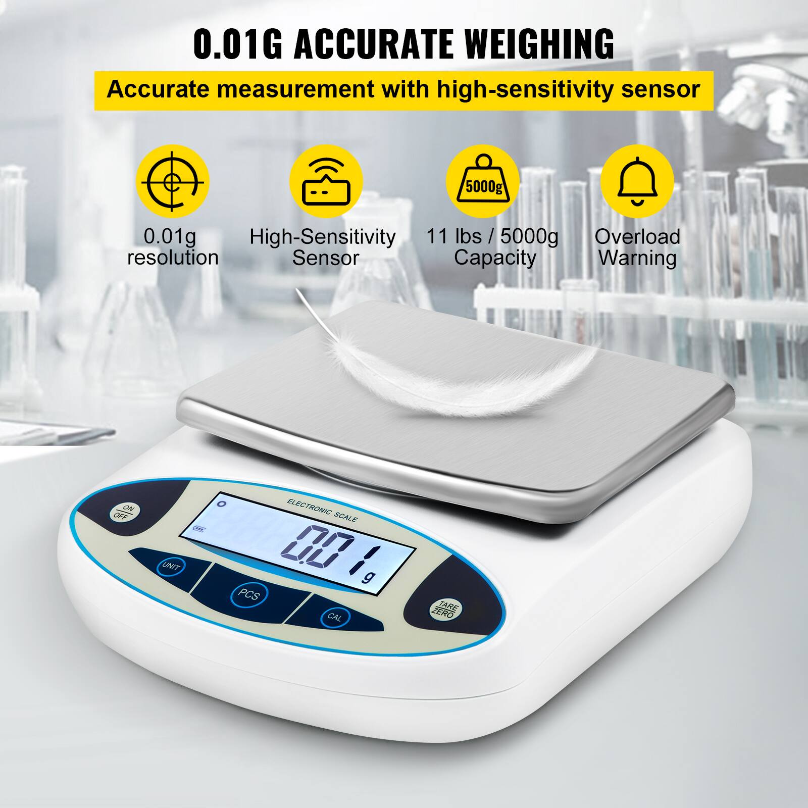 0.01G ACCURATE WEIGHING  
Accurate measurement with high-sensitivity sensor  

- 0.01g resolution  
- High-Sensitivity Sensor  
- 11 lbs / 5000g Capacity  
- Overload Warning  

ELECTRONIC SCALE  
0.001 g  

Buttons:  
- UNIT  
- PCS  
- CAL  
- TARE  
- ZENO  

CAM EIT