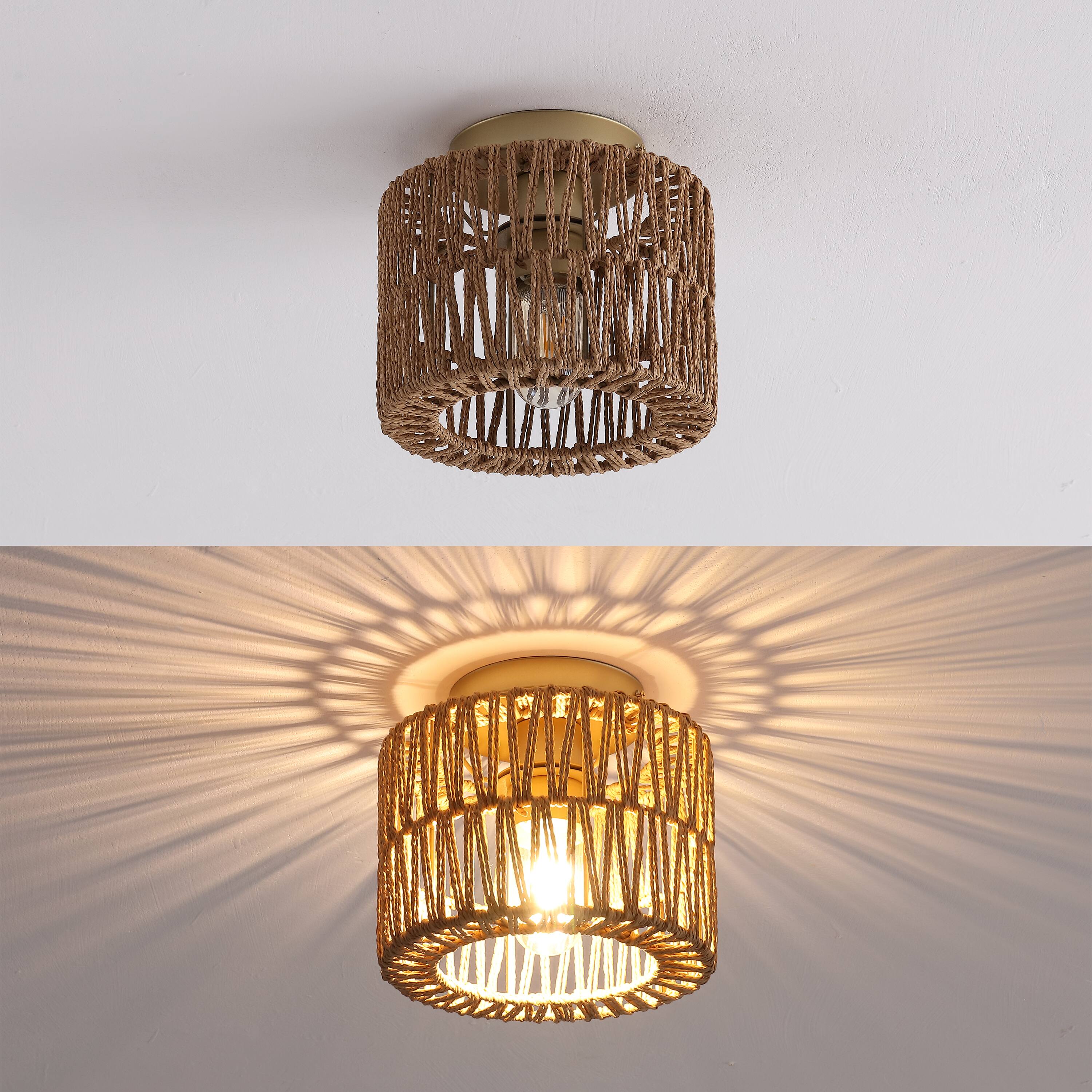 Alt View 6. Jonathan Y - Omar Set of 2 Modern 8" Gold Painting Metal Flush Mount with Brown Paper Cylinder Crossed Weave Shade, for Bedroom - Brown.