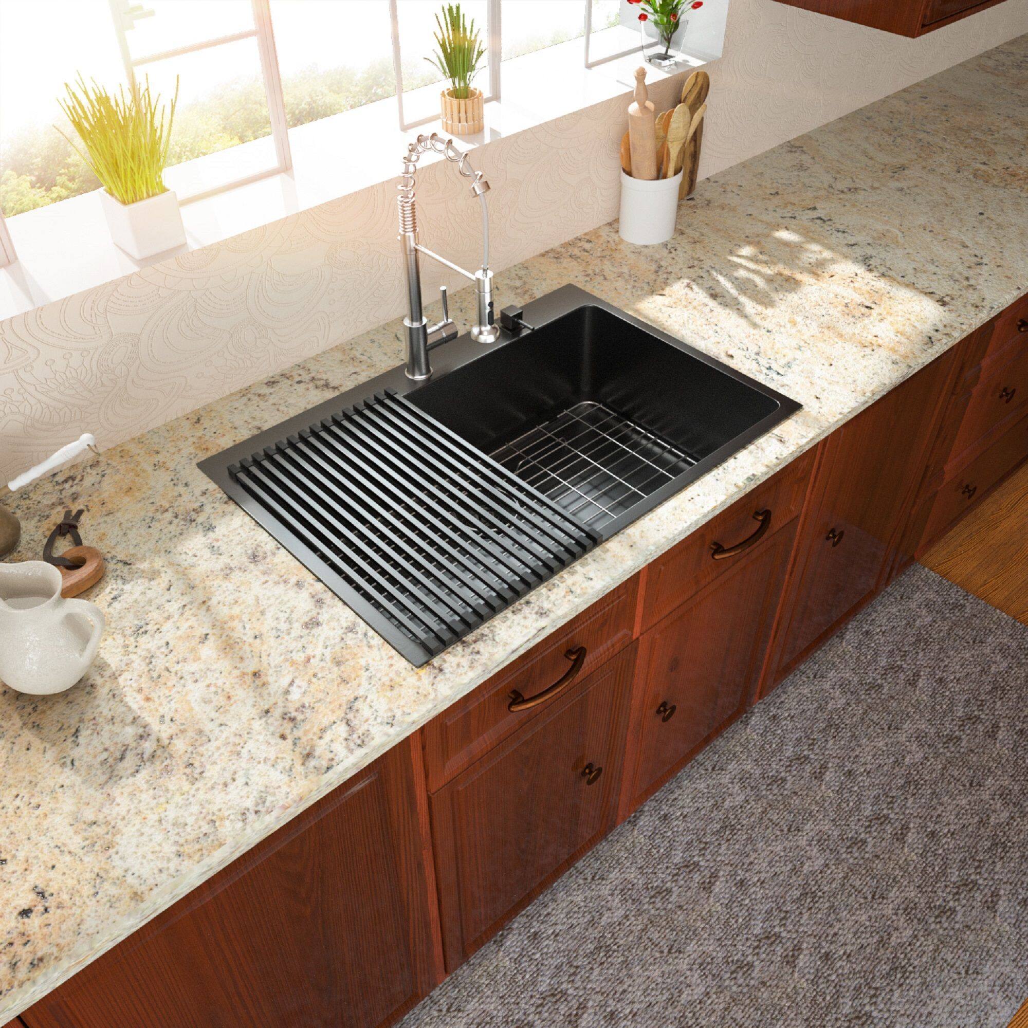 Back. Lordear - 33"x22"x10" Topmount Gunmetal Black Sinks 16 Gauge Single Bowl Stainless Steel Kitchen Sink - Stainless steel.