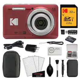 Kodak - PIXPRO FZ55 Digital Camera | Bundle with 32GB Memory Card + Camera Pouch + Memory Case + Cleaning Kit - Red