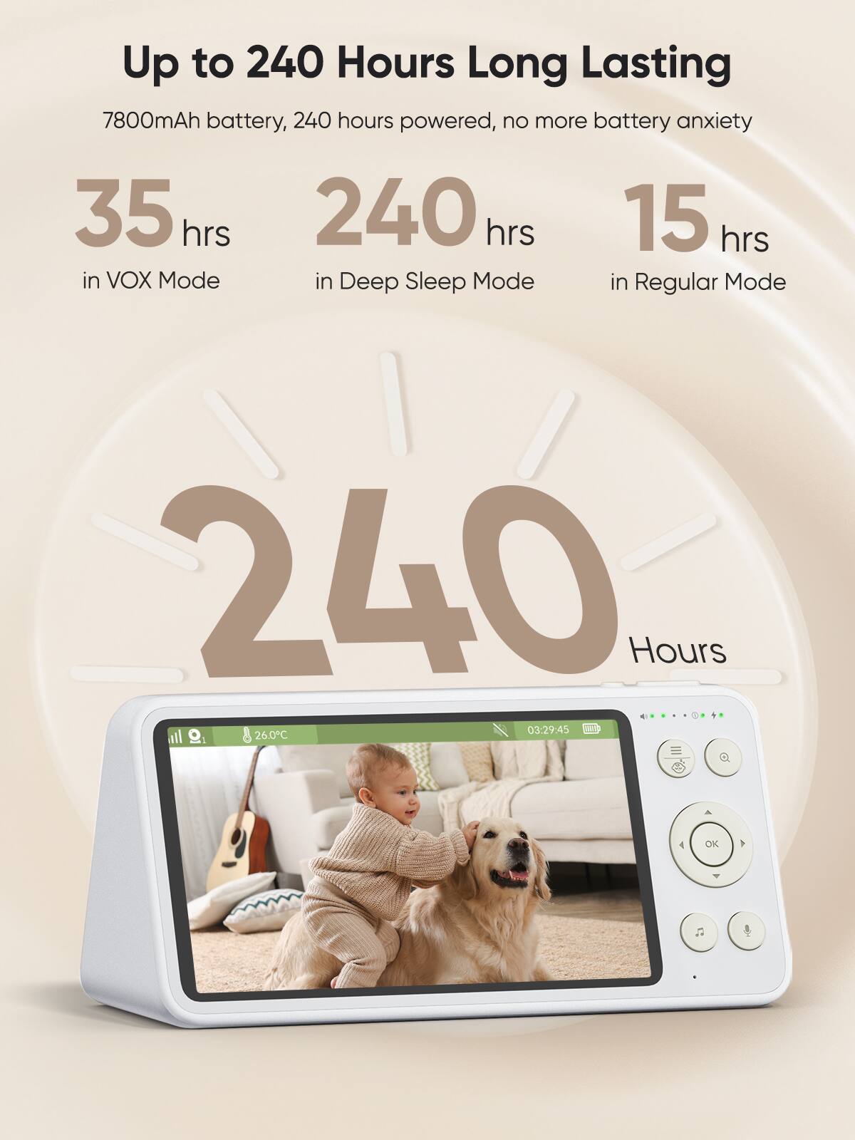 Up to 240 Hours Long Lasting

7800mAh battery, 240 hours powered, no more battery anxiety

35 hrs in VOX Mode

240 hrs in Deep Sleep Mode

15 hrs in Regular Mode

240 Hours