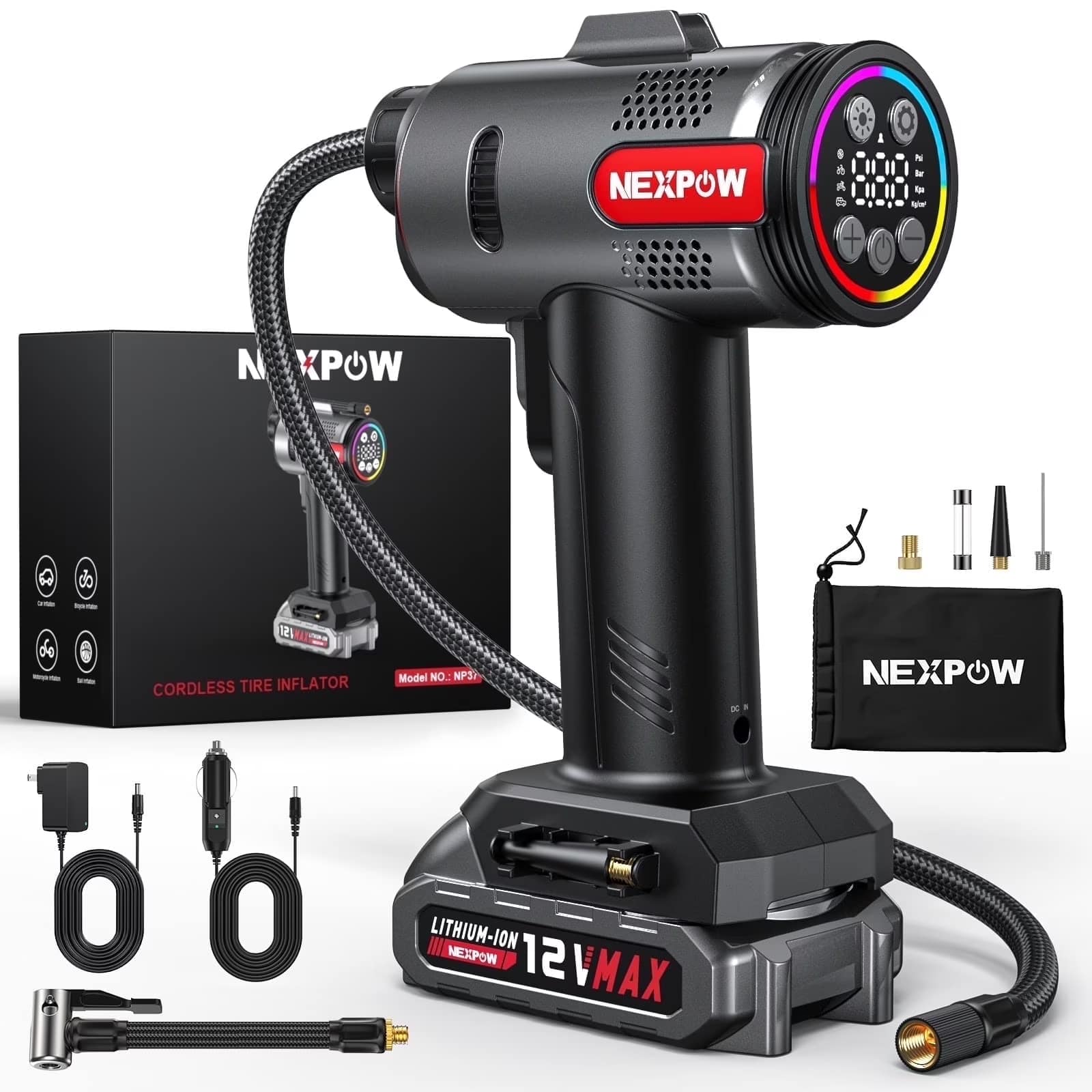 NEXPOW - Cordless Air Compressor, Portable Tire Inflator, Car Tire Pump, 160PSI, Rechargeable Battery, Digital Pressure Gauge - Black