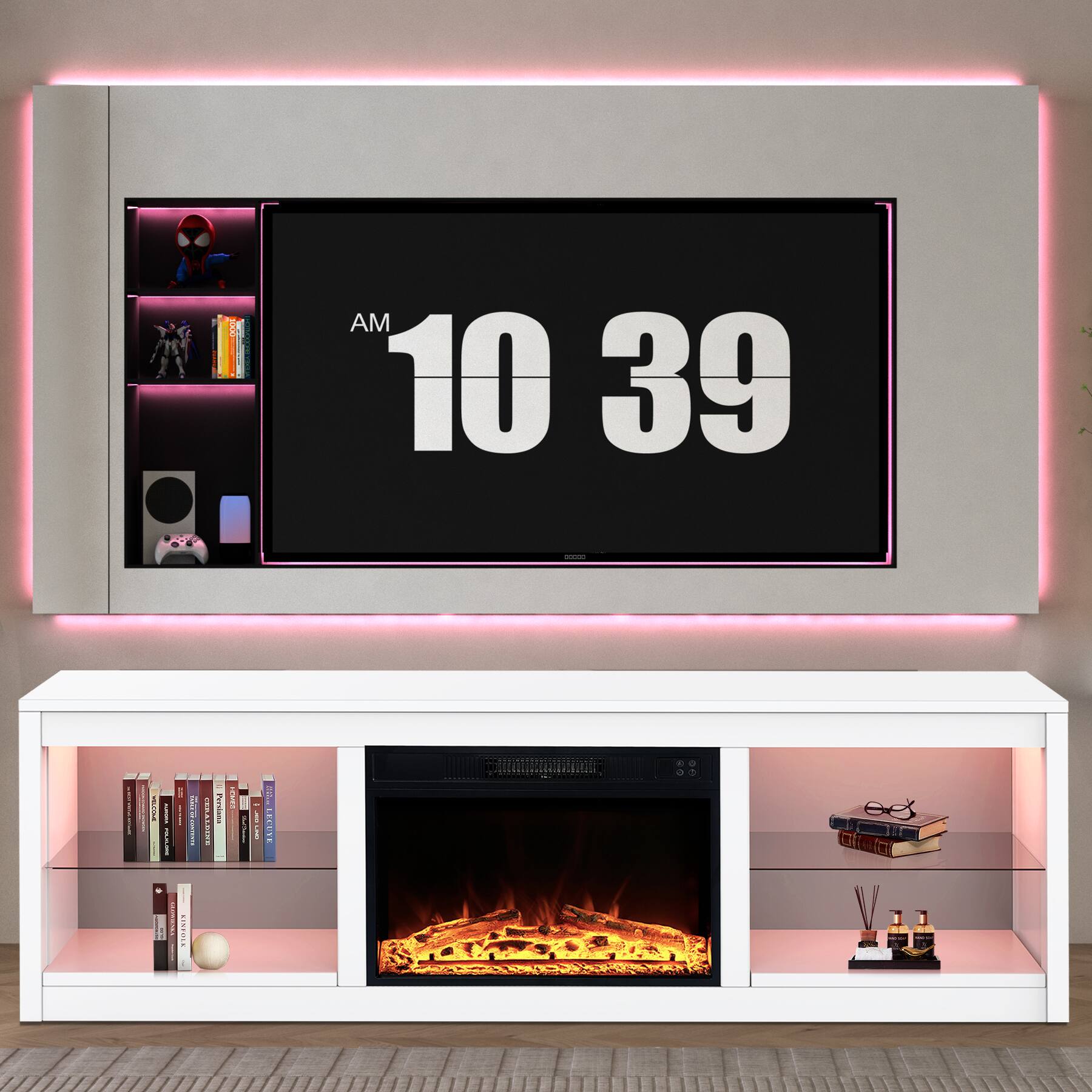 Angle. Ihomeadore - 66" TV Stand with 23"Insert Electric Fireplace and Open Storage Shelves Media Console for TVs up to 75" - White.