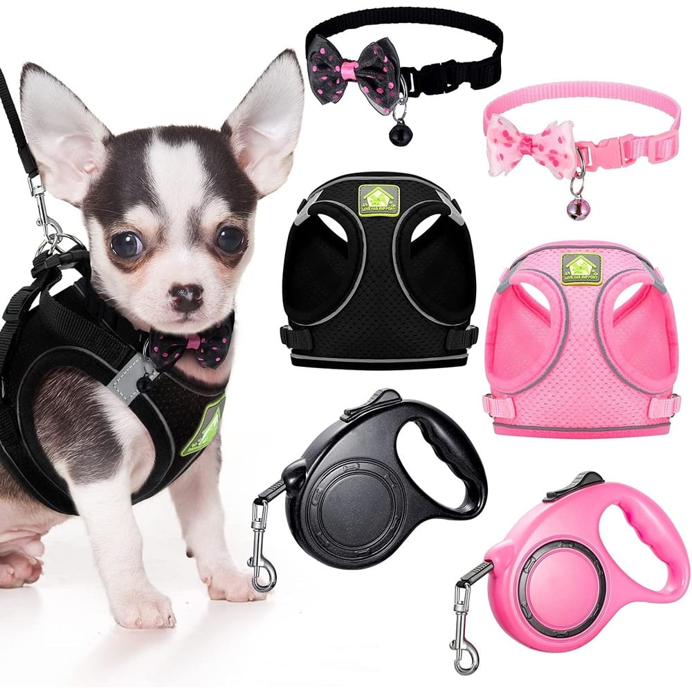 MOSZAR LLC - 6 Pcs Small Dog Harness Set, Soft Mesh Padded, Bowknot Collar, 10FT Retractable Leash, Adjustable - pink and black