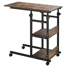 Front. Homcom - Industrial C-Shaped Mobile Rolling Sofa Side Table with 3-Tier Storage Shelving, Adjustable Height, & Wheels - Brown.