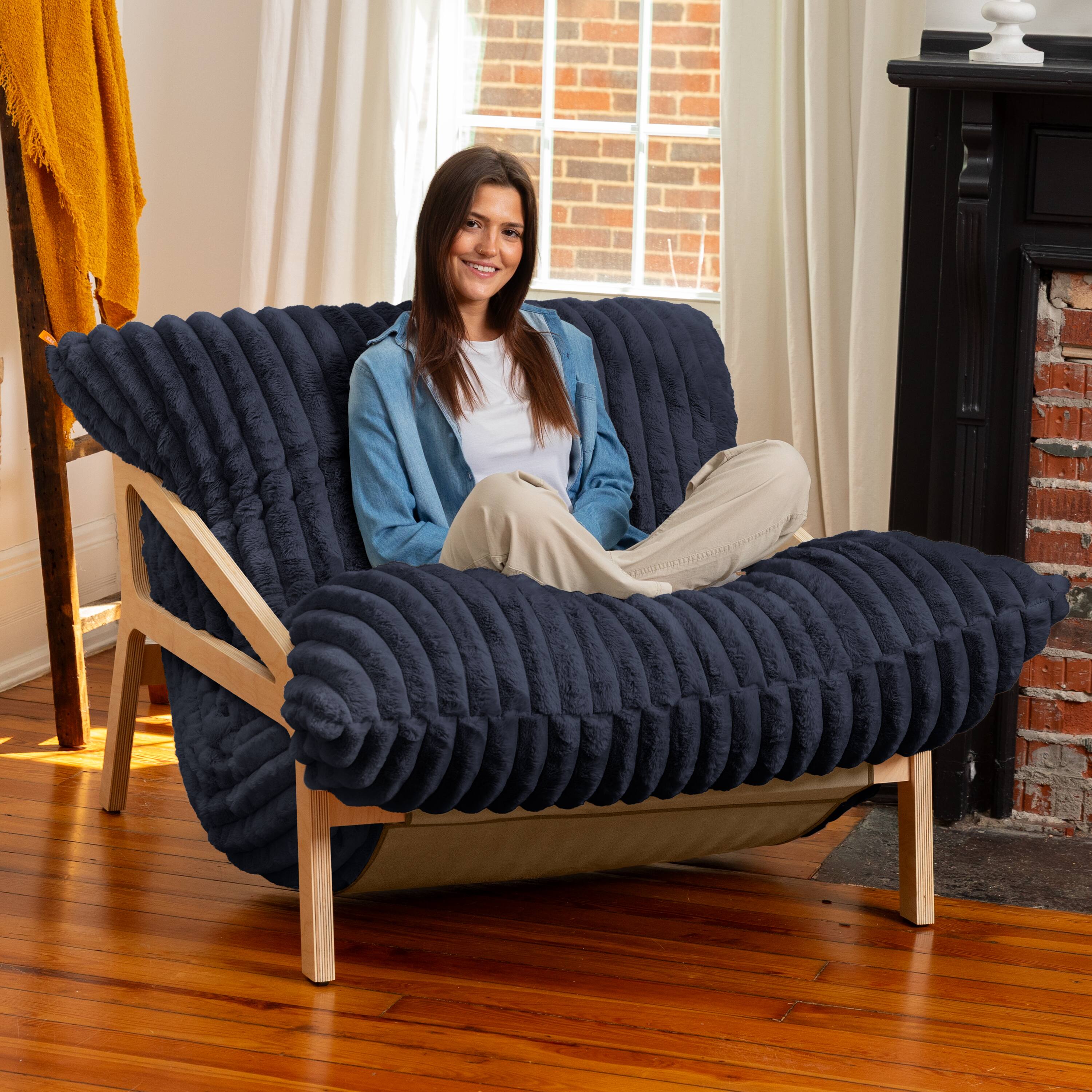 Back. Jaxx - Pillow Saxx Dream Lounger with Wood Frame - 3-in-1 Bean Bag Accent Chair, Recliner & Sleeper Mondo Fur Midnight Blue - Mondo Fur Midnight Blue.