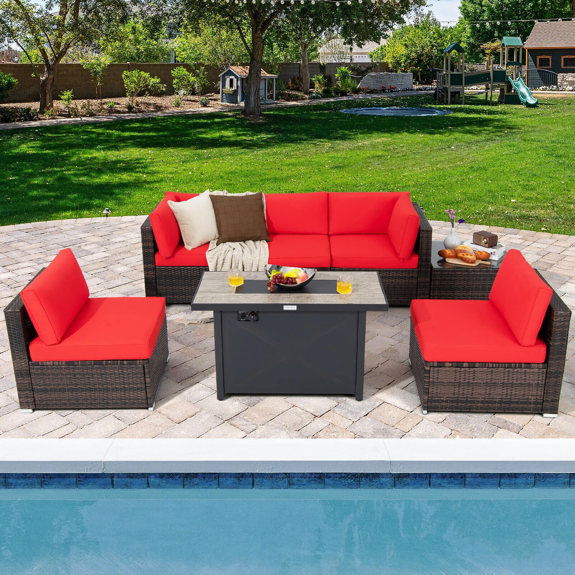 Gymax - 7PCS Patio Rattan Furniture Set Fire Pit Table Cover Cushion - Red price history on PriceWatchPro