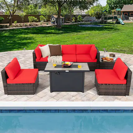 Front. Gymax - Gymax 7PCS Patio Rattan Furniture Set Fire Pit Table Cover Cushion Red - Red.