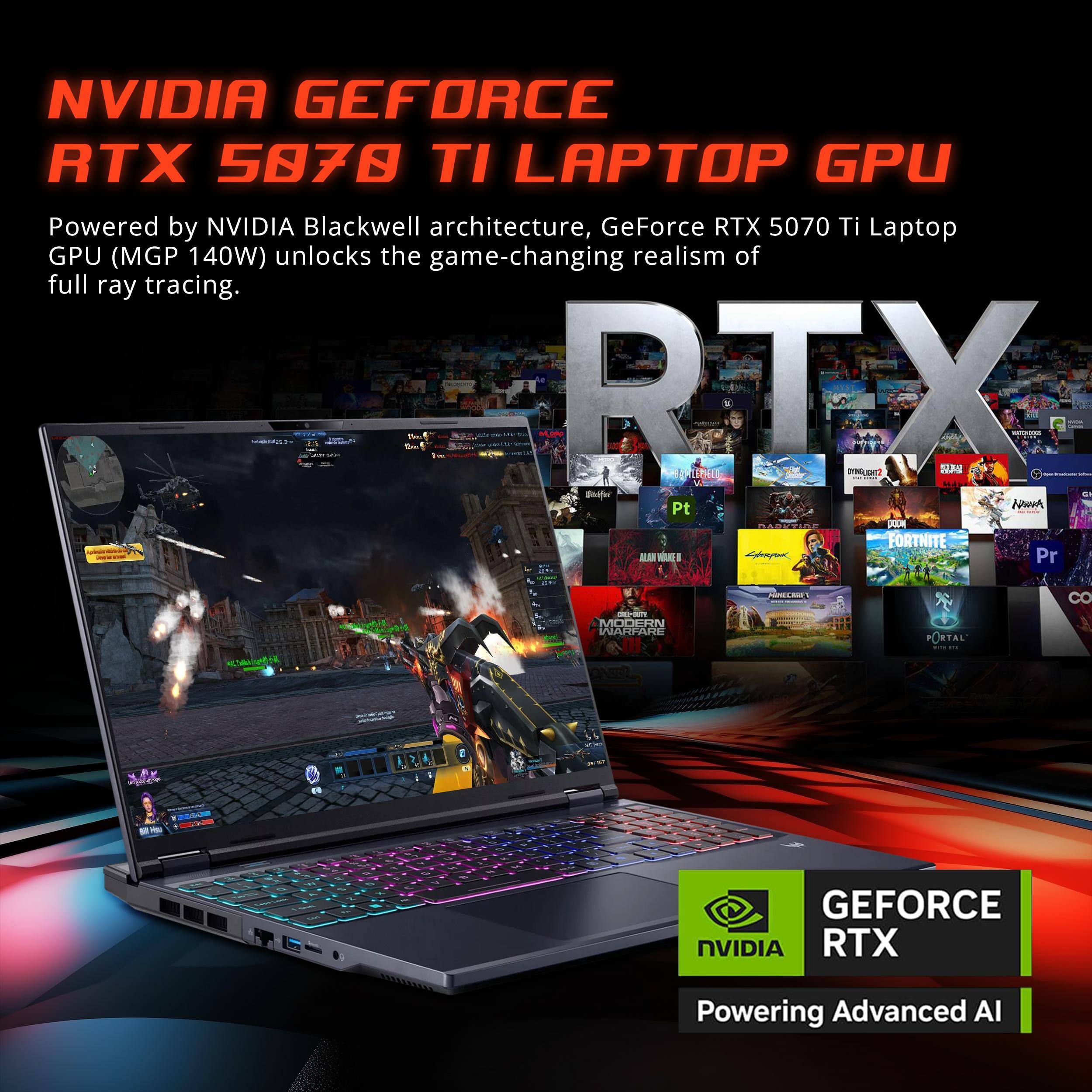 NVIDIA GEFORCE RTX 5070 TI LAPTOP GPU

Powered by NVIDIA Blackwell architecture, GeForce RTX 5070 Ti Laptop GPU (MGP 140W) unlocks the game-changing realism of full ray tracing.

RTX

GEFORCE RTX

Powering Advanced AI