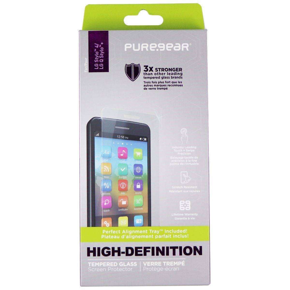 For/Pour 4/ PUREgeaR Stylo Stylo" + Q LG LG 3x STRONGER than other leading tempered glass brands Trois fois plus fort que les autres marques reconnues de verre trempé A 12:56 M Aa - Industry Leading Touch + Swipe Precision Balayage tactile de précision 5 la fine pointe de l'industrie toes % s Crgg nd Internet Scratch Resistant Résistant aux rayures Search Detailation Doeniond P9 68 Lifetime Warranty Garantie à vie Perfect Alignment Tray Included! Plateau d'alignement parfait inclus! HIGH-DEFINITION TEMPERED GLASS VERRE TREMPÉ Screen Protector Protège-écran