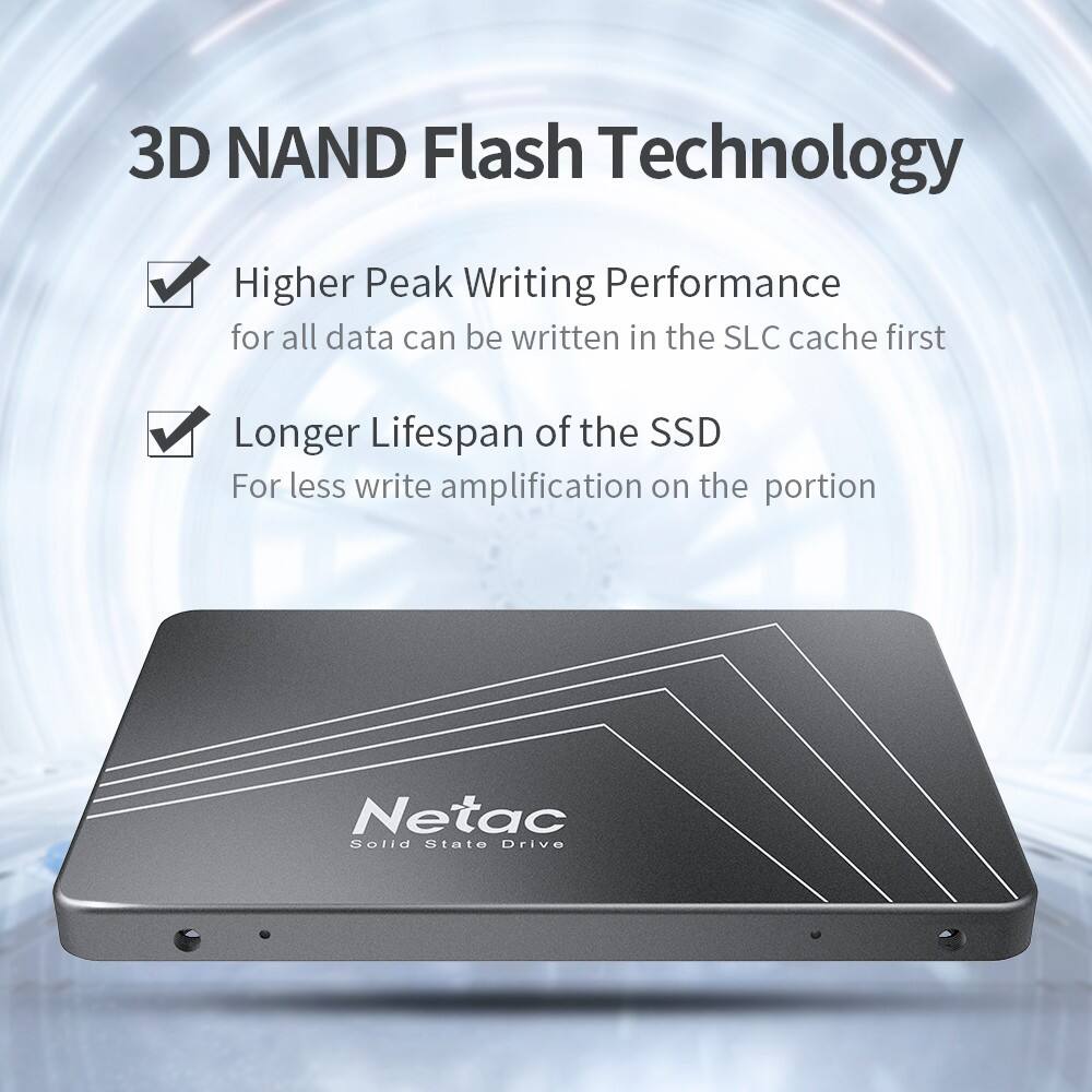 3D NAND Flash Technology

- Higher Peak Writing Performance
  - for all data can be written in the SLC cache first

- Longer Lifespan of the SSD
  - For less write amplification on the portion

Netac Solid State Drive