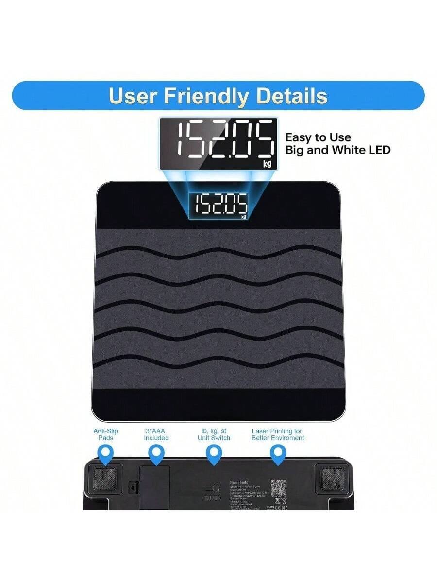 User Friendly Details

- Easy to Use
- Big and White LED
- Anti-Slip Pads
- 3*AAA Included
- lb, kg Unit Switch
- Laser Printing for Better Environment
- st Switch

CE: