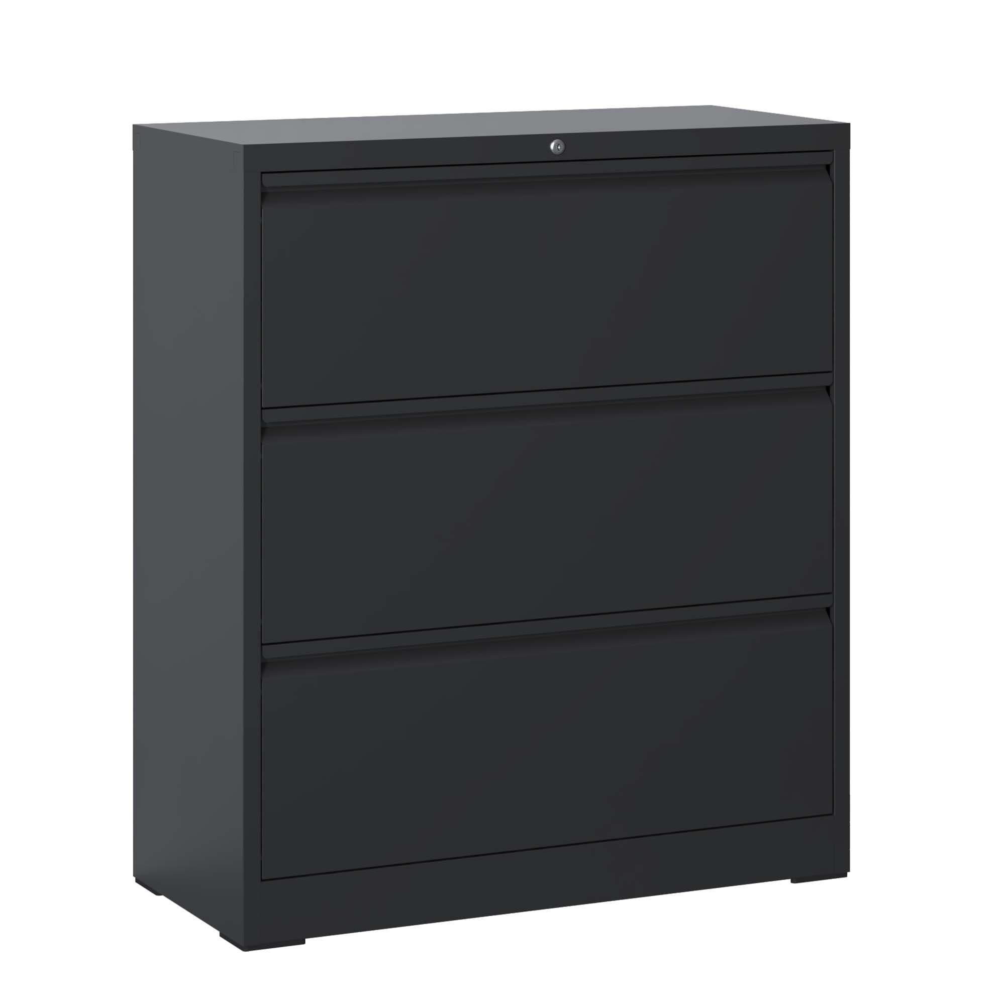 Back. Lycvki - 3-Drawer Lockable Black Lateral File Cabinet - Legal/Letter/A4/F4 Size - Black.