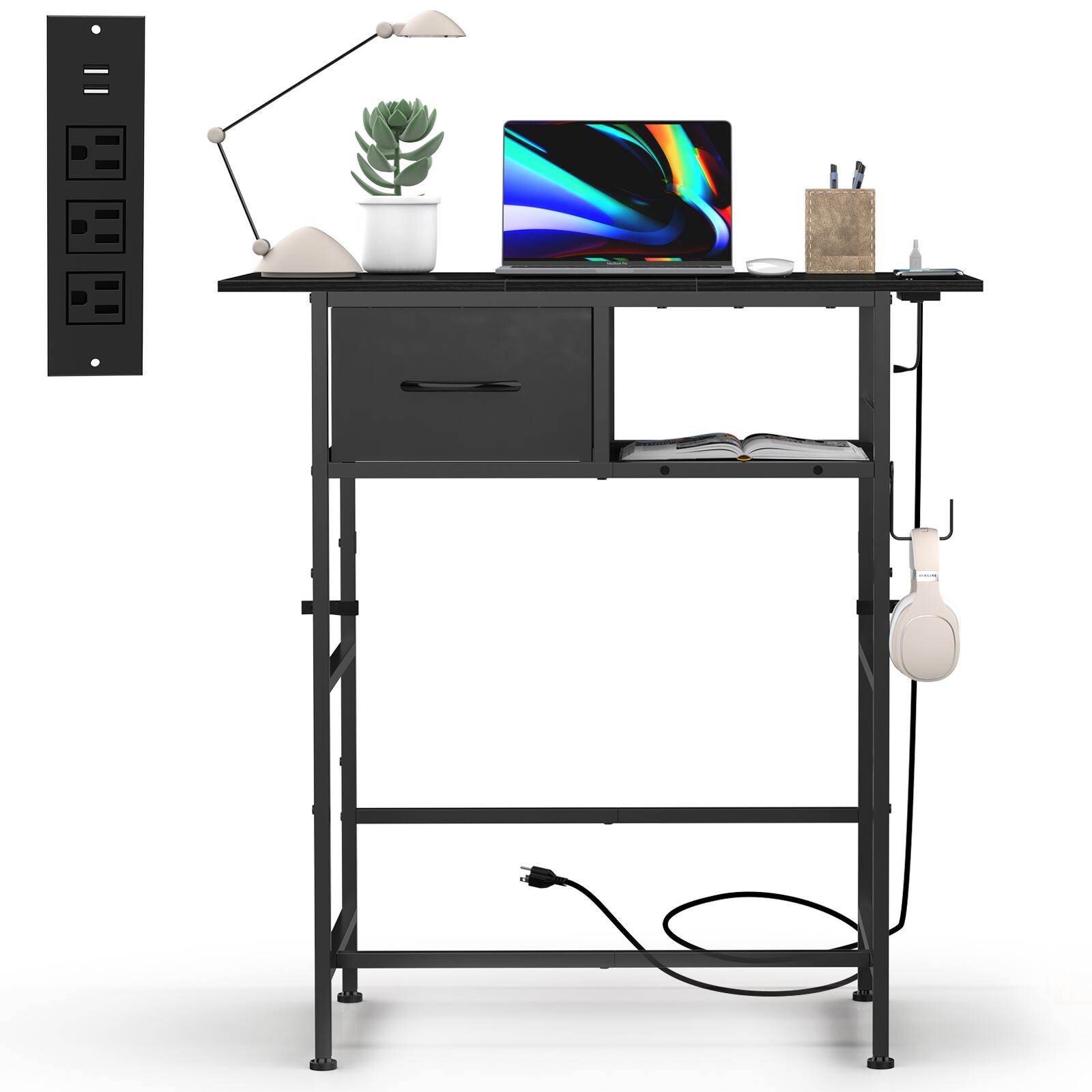 Alt View 1. Oumilen - Vanity Desk with Charging Station, Black Wood Top Makeup Table with Fabric Drawer - Black.