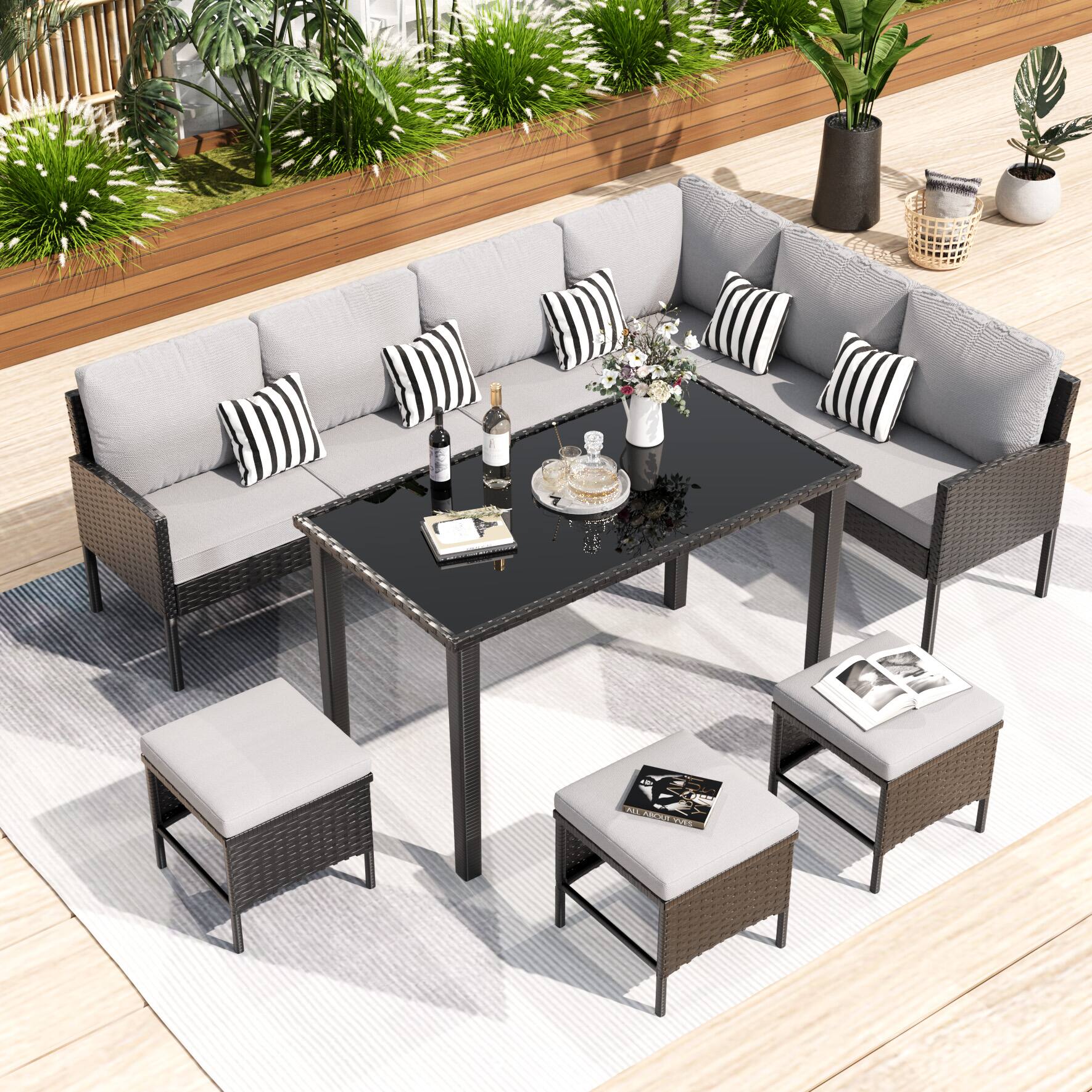 Left. Mondawe - 7-Piece Outdoor Furniture Set With Waterproof Seat Cushion, Glass Table - Gray.