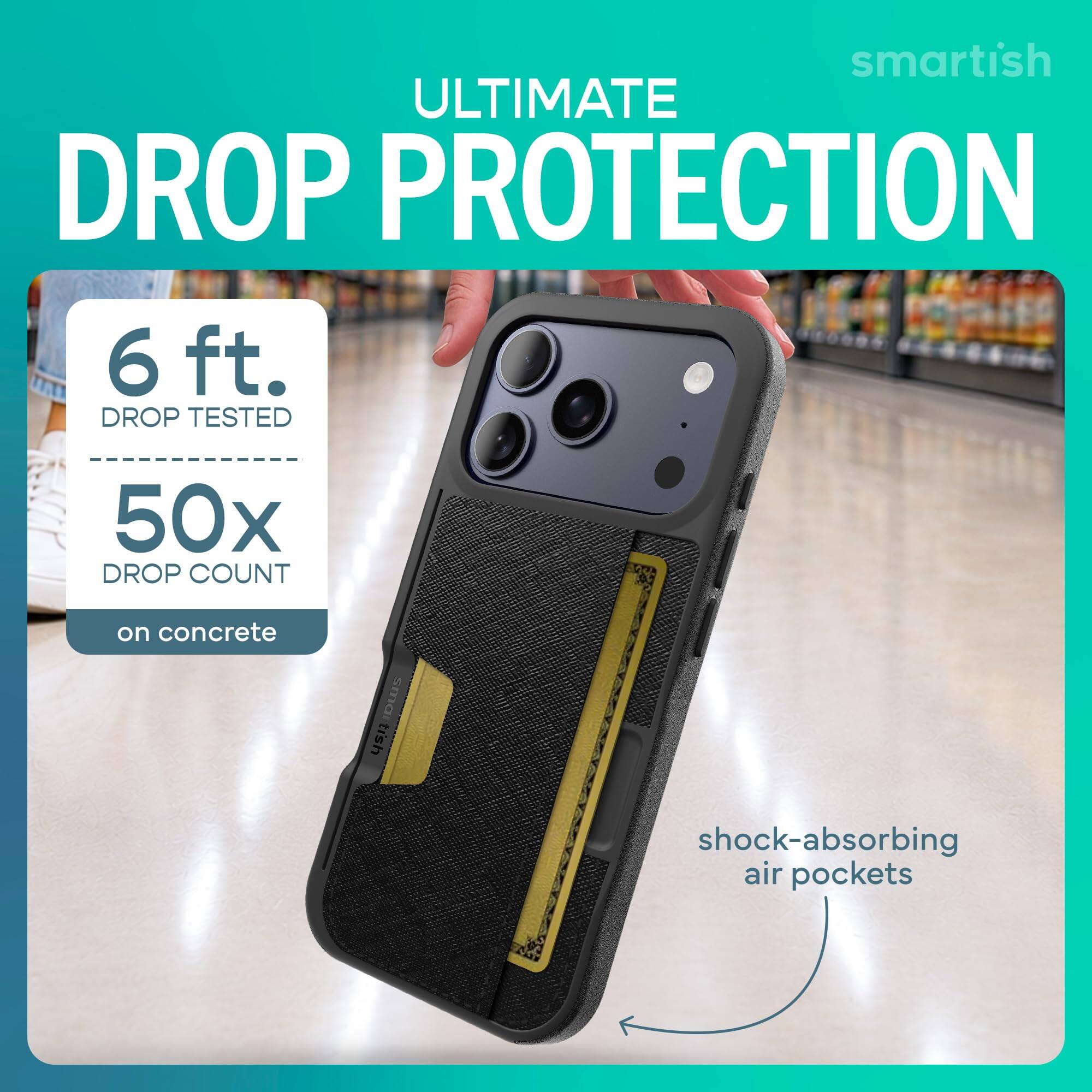 smartish ULTIMATE DROP PROTECTION  
6 ft. DROP TESTED  
50x DROP COUNT  
on concrete  
smartish  
shock-absorbing air pockets
