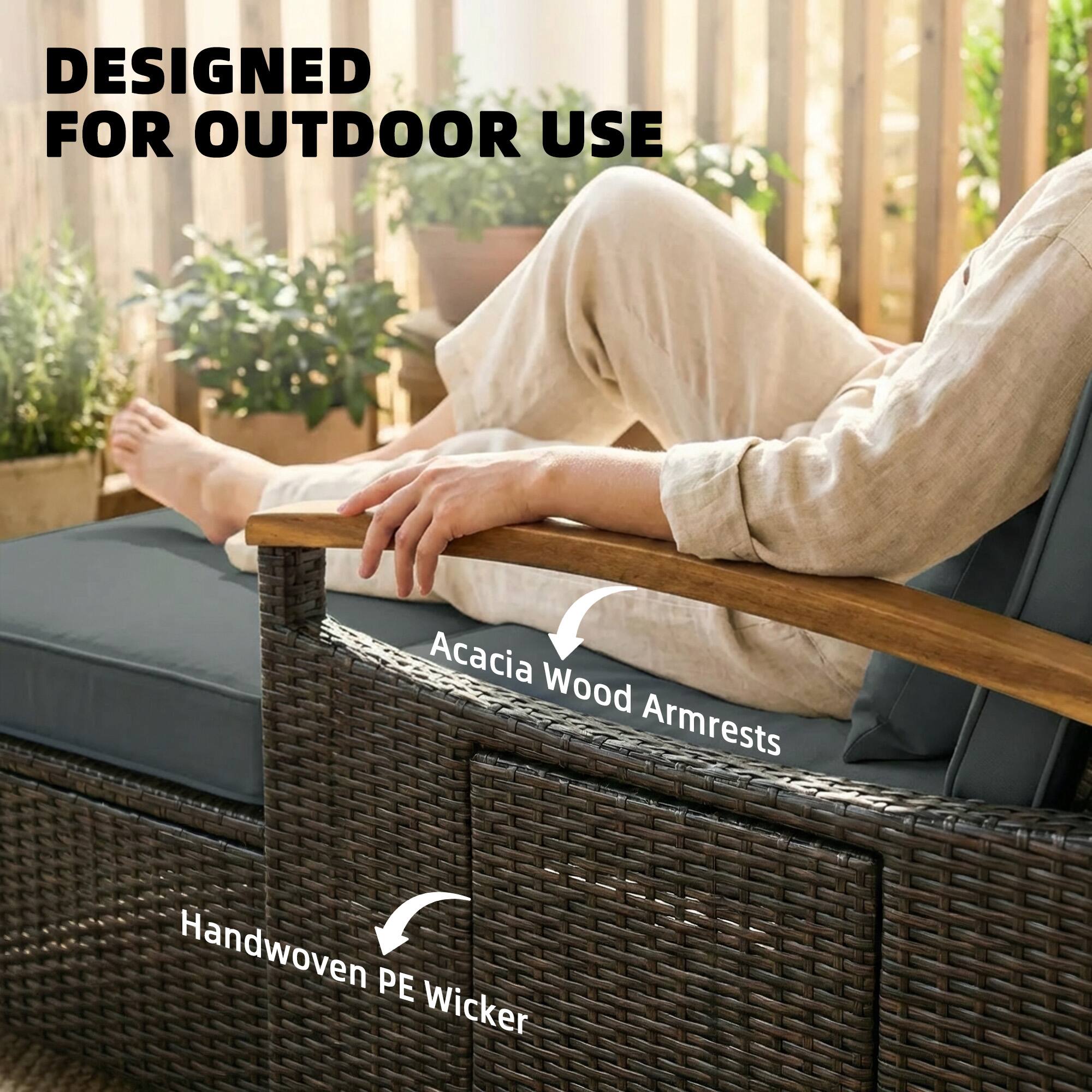 DESIGNED FOR OUTDOOR USE

Acacia Wood Armrests

Handwoven PE Wicker