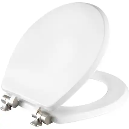 Front. BEMIS - Mayfair Benton Round Enameled Wood Toilet Seat in White Seat Fastening System and WhisperClose Brushed Nickel Hinge - White.