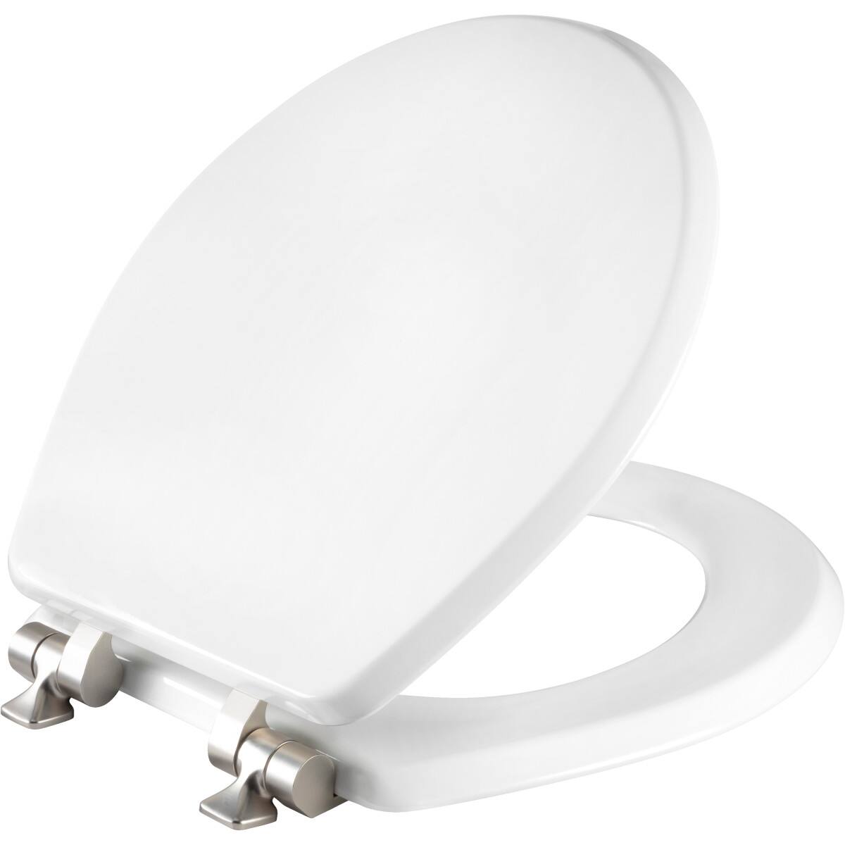 Front. BEMIS - Mayfair Benton Round Enameled Wood Toilet Seat in White Seat Fastening System and WhisperClose Brushed Nickel Hinge - White.