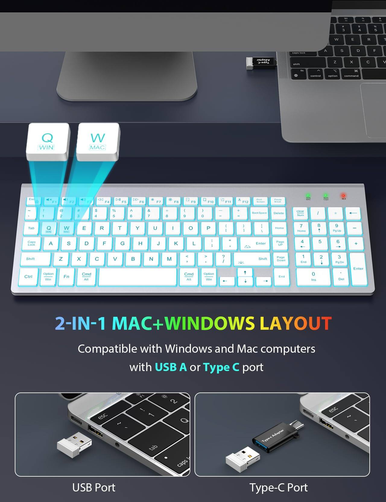 - 3 1 A - c W E R 1 - A S D F deo adds Z x C V - T n 3 WIN W MAC Ea 11 d F3 4 91 F4 DE FS to FS FT + FB FS F10 21 F12 - - 1 e 2 E 3 S 4 % 5 a e 4 7 .  4 . ) . . - Back Space tetute Cla So I THO Q - W - E R T Y U - O P I -  I : A Iome 7 Thome  1 9 Pott e Capa Lock A S D F G H J K L T : - C Eeter Paage UP 4 5 6 Saif Ctri capiion W Z Fn x C Cmd AE V  N M e . Cmd AS > Option W ? I    Saif Page Cowm . 1 End 0 ae 2  3 PyD Thes Enter 2-IN-1 MAC+WINDOWS LAYOUT Compatible with Windows and Mac computers with USB A or Type C port esc 2 1 1 tab 2 caps  Type USB Port Type-C Port

2