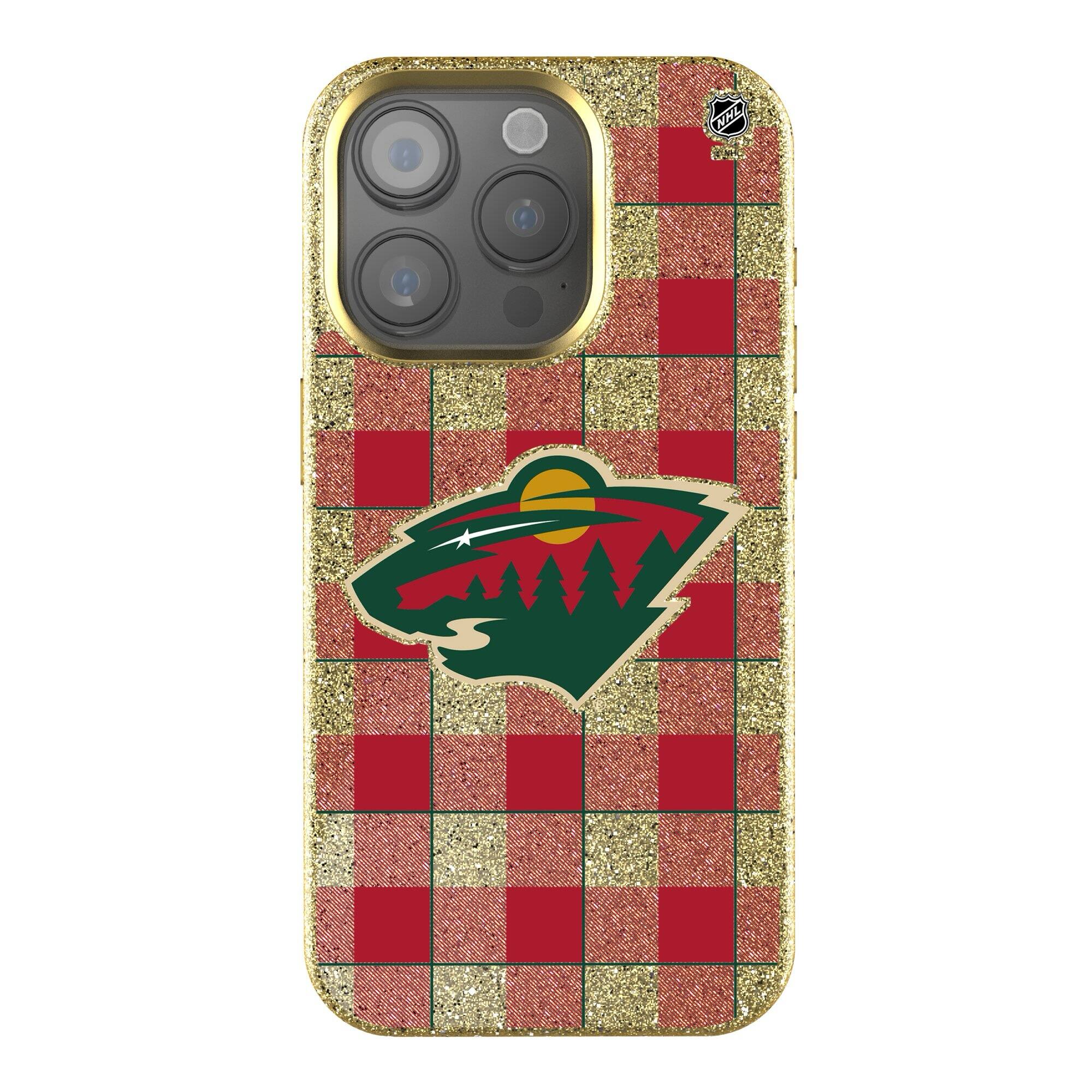 Front. Keyscaper - Minnesota Wild Plaid Bling iPhone Case - 15 Pro - Gold.
