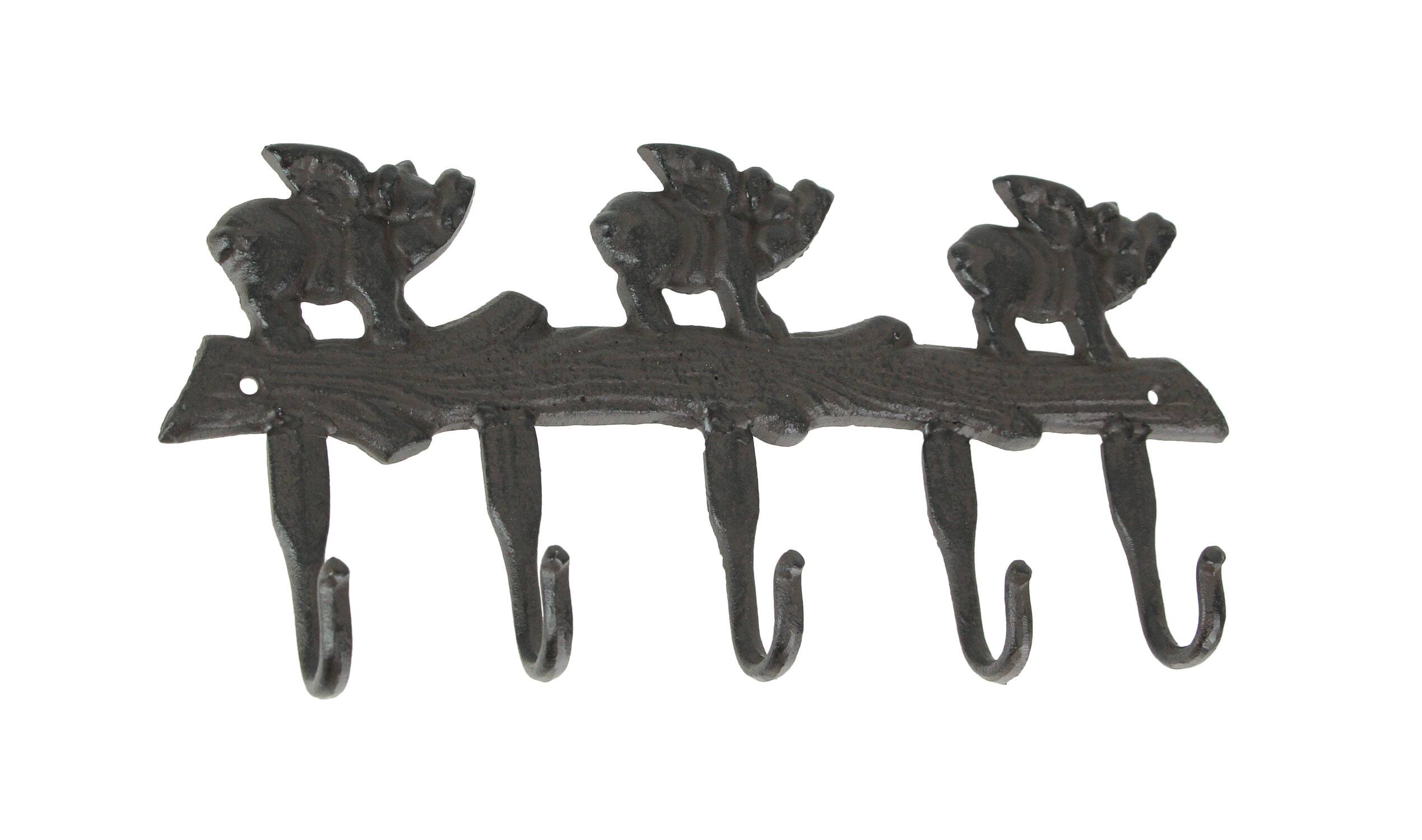 Front. De Leon Collections - Rustic Brown Cast Iron Flying Pigs 5 Hook Wall Rack Country Farmhouse Decor - Brown.