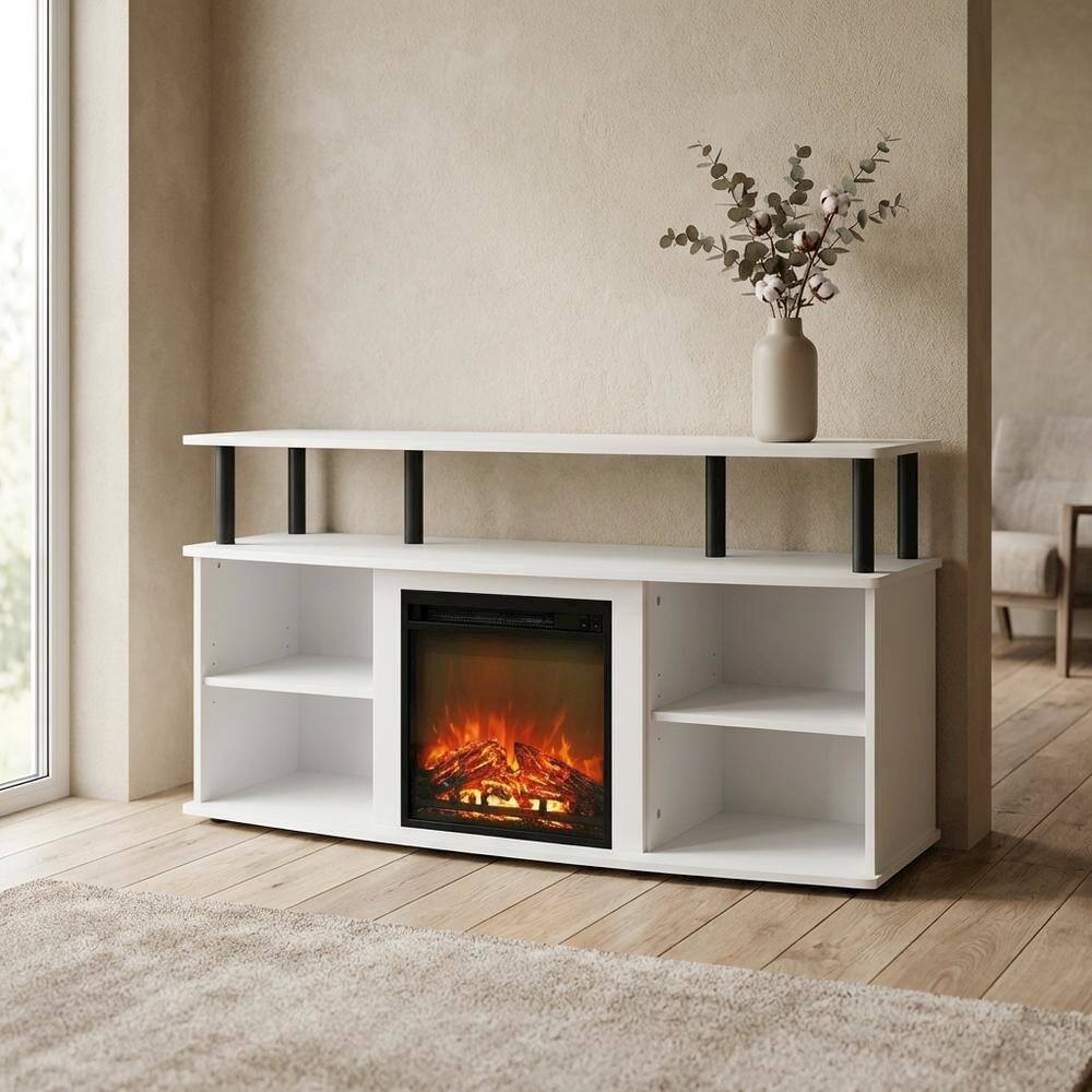 Alt View 2. FurniFact - White open shelving, fireplace entertainment center - Solid White/Black.