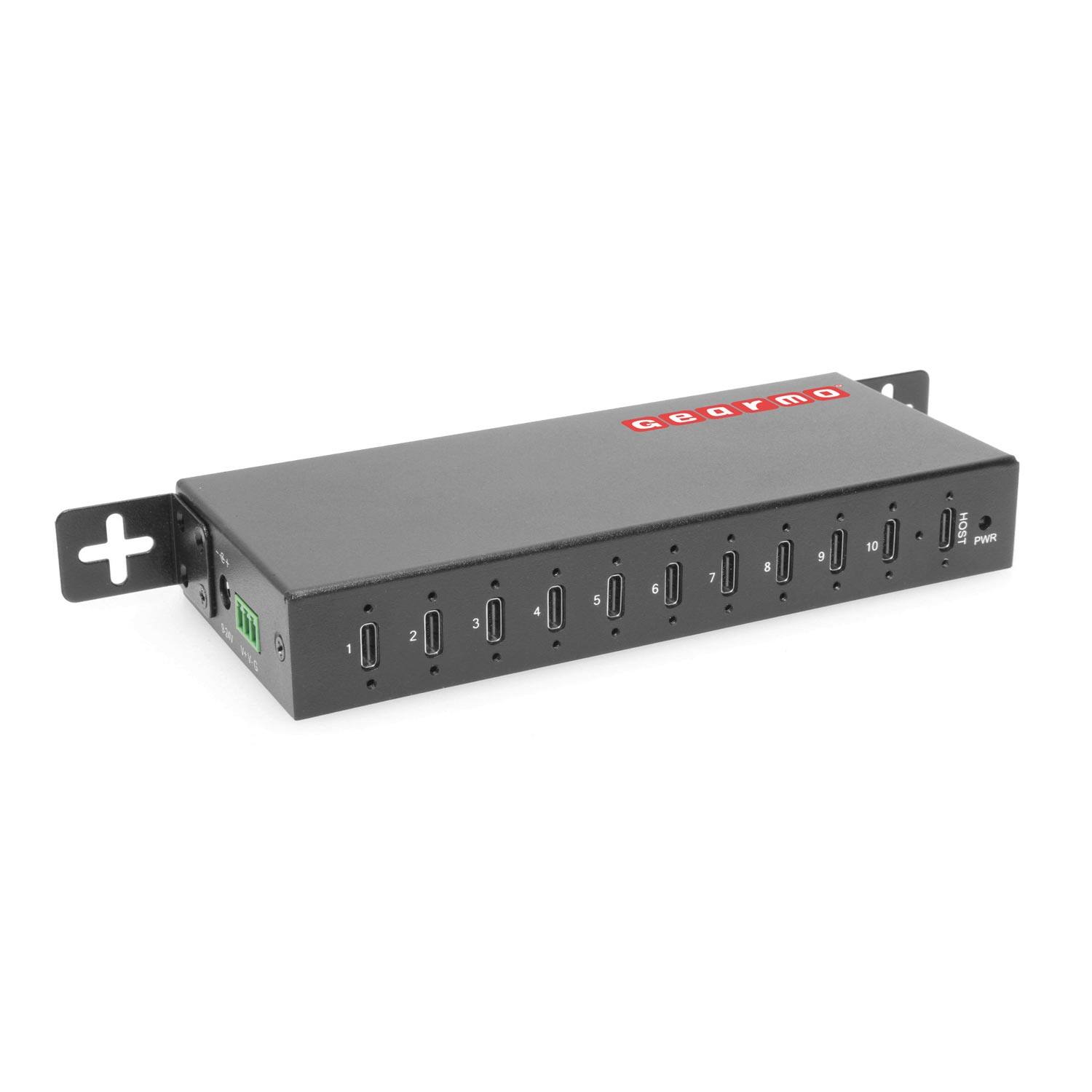 Gearmo - 10 Port USB Type-C Hub - 10Gbps Speed - Surge Protection - Surface & DIN Rail Mount Ready - Includes Power Adapter - Black