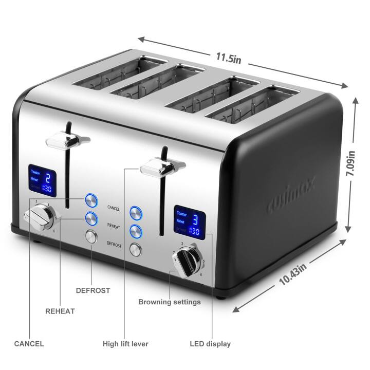 11.5in  
7.09in  
10.43in  

Toaster  
- Toaster Pan  
- Toaster Basket  
- High lift lever  
- LED display  
- Browning settings  
- DEFROST  
- REHEAT  
- CANCEL  

Browning settings: 1, 2, 3, 4, 5, 6, 7