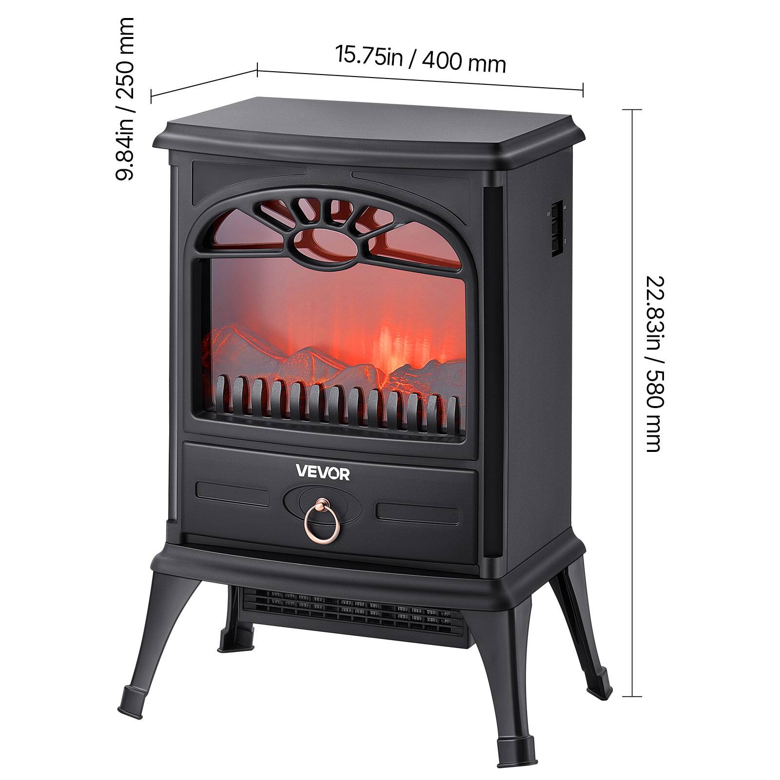 Sure, here is the corrected and grouped text:

- Width: 9.84in / 250 mm
- Depth: 15.75in / 400 mm
- Height: 22.83in / 580 mm

VEVOR