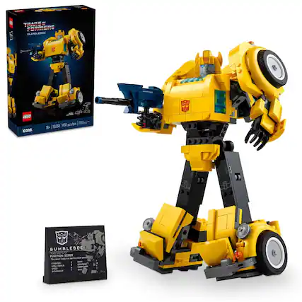 Transformers Bumblebee Exclusive Lego Set 10338. 950 pieces. 15+ years. Bumblebee and Scout. Includes Bumblebee, Scout, and other Transformers icons.