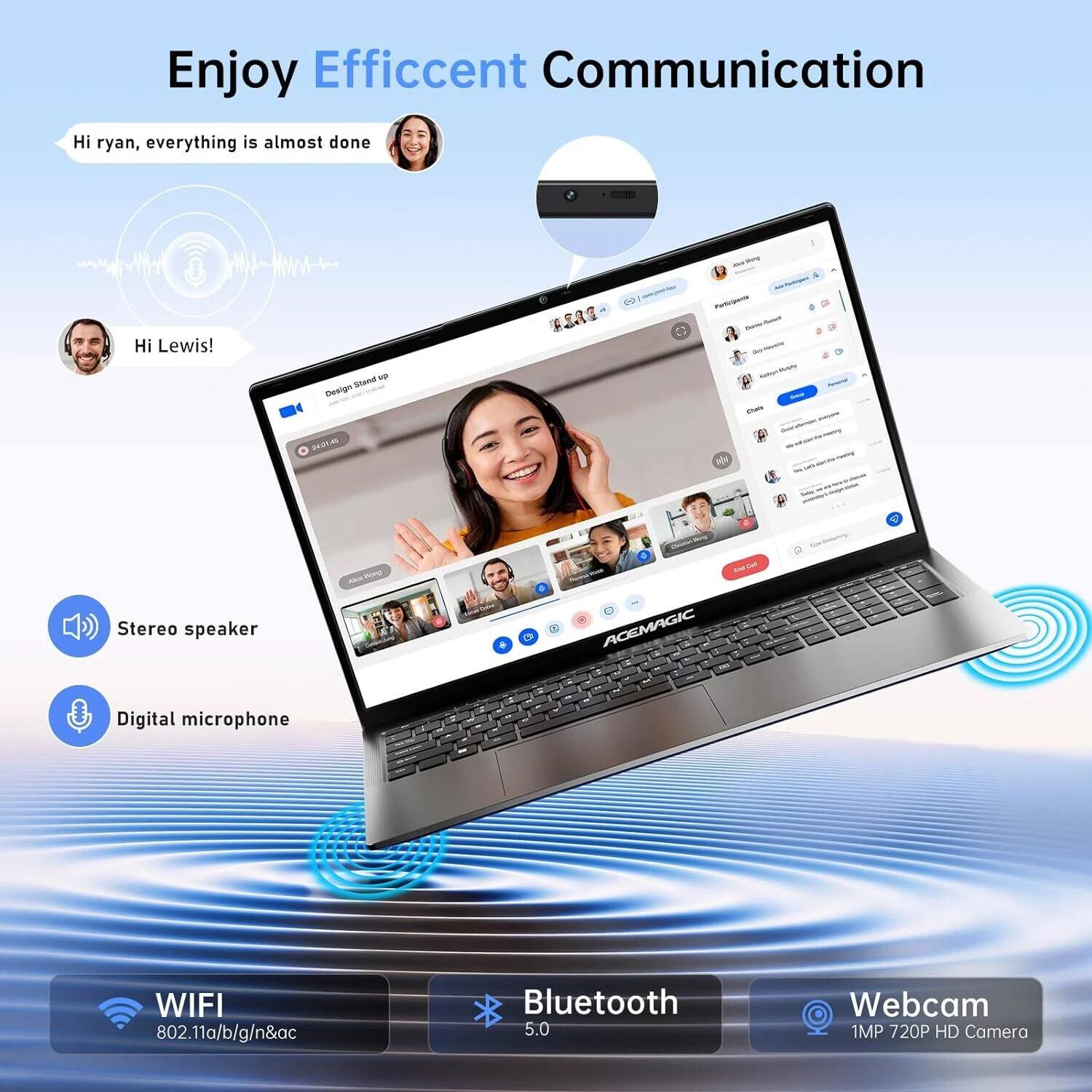 Enjoy Efficient Communication

Hi ryan, everything is almost done

Hi Lewis!

- Stereo speaker
- Digital microphone
- WIFI 802.11a/b/g/n/ac
- Bluetooth 5.0
- Webcam 1MP 720P HD Camera