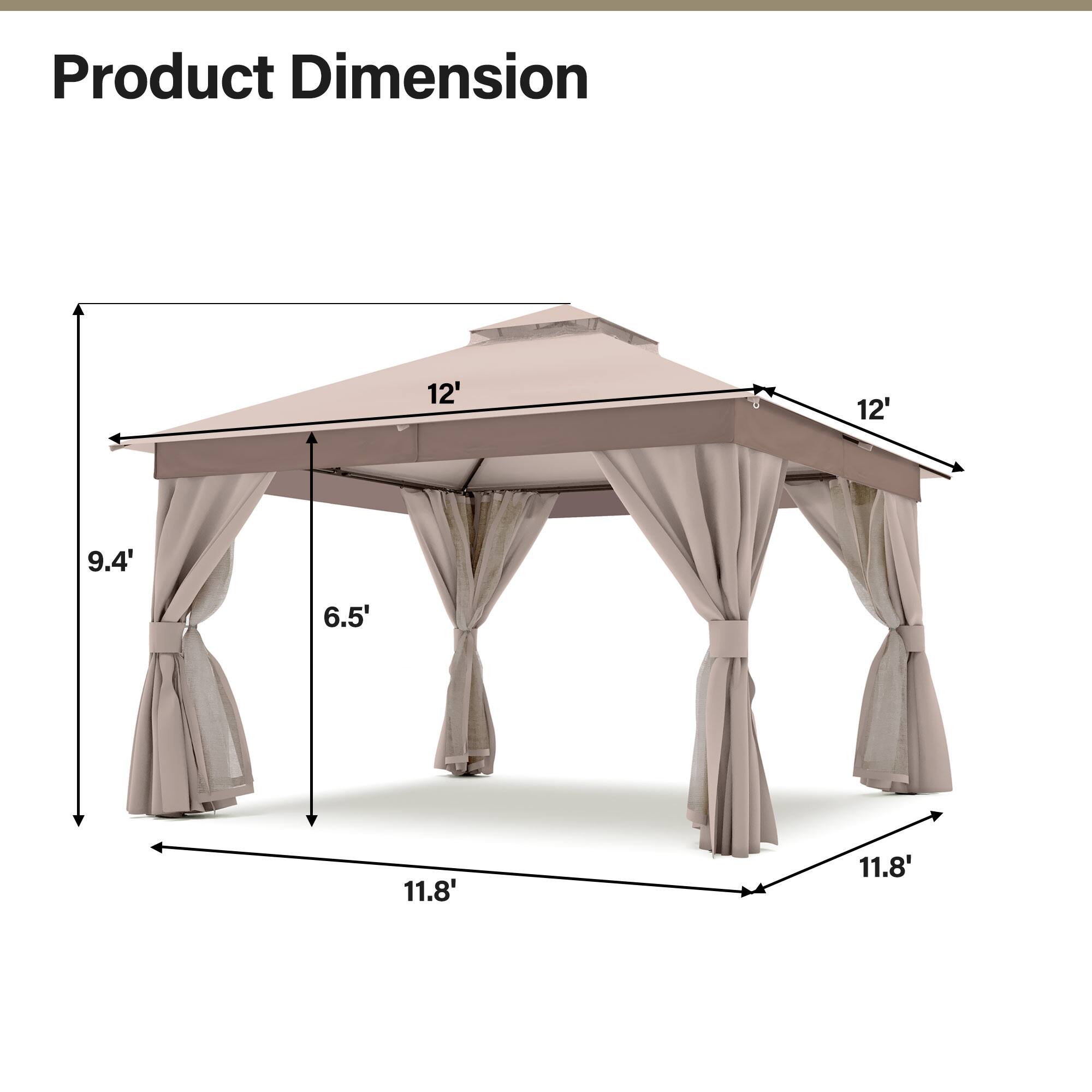 Product Dimension  
12' x 12' x 11.8' x 11.8'  
9.4' x 6.5'
