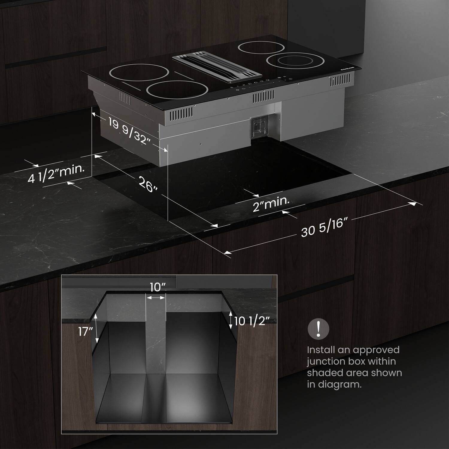 b..ECOO 19 9/32" 4 1/2" min. 26" 2" min. 30 5/16" 10" 17" 10 1/2" ! Install an approved junction box within shaded area shown in diagram.